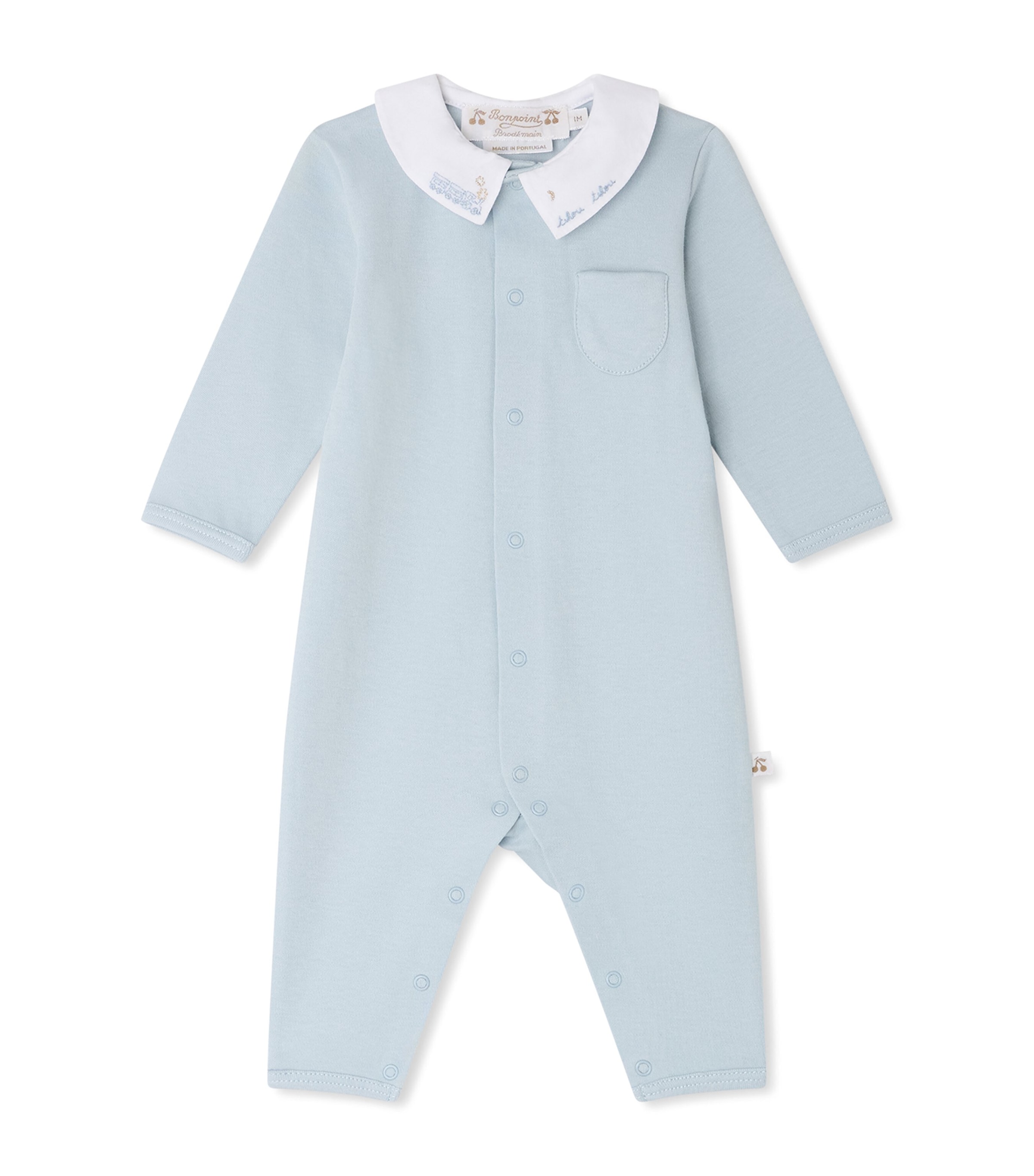 Bonpoint Cotton Embroidered-Collar Playsuit (1-18 Months) Bleu Moyen Image 1