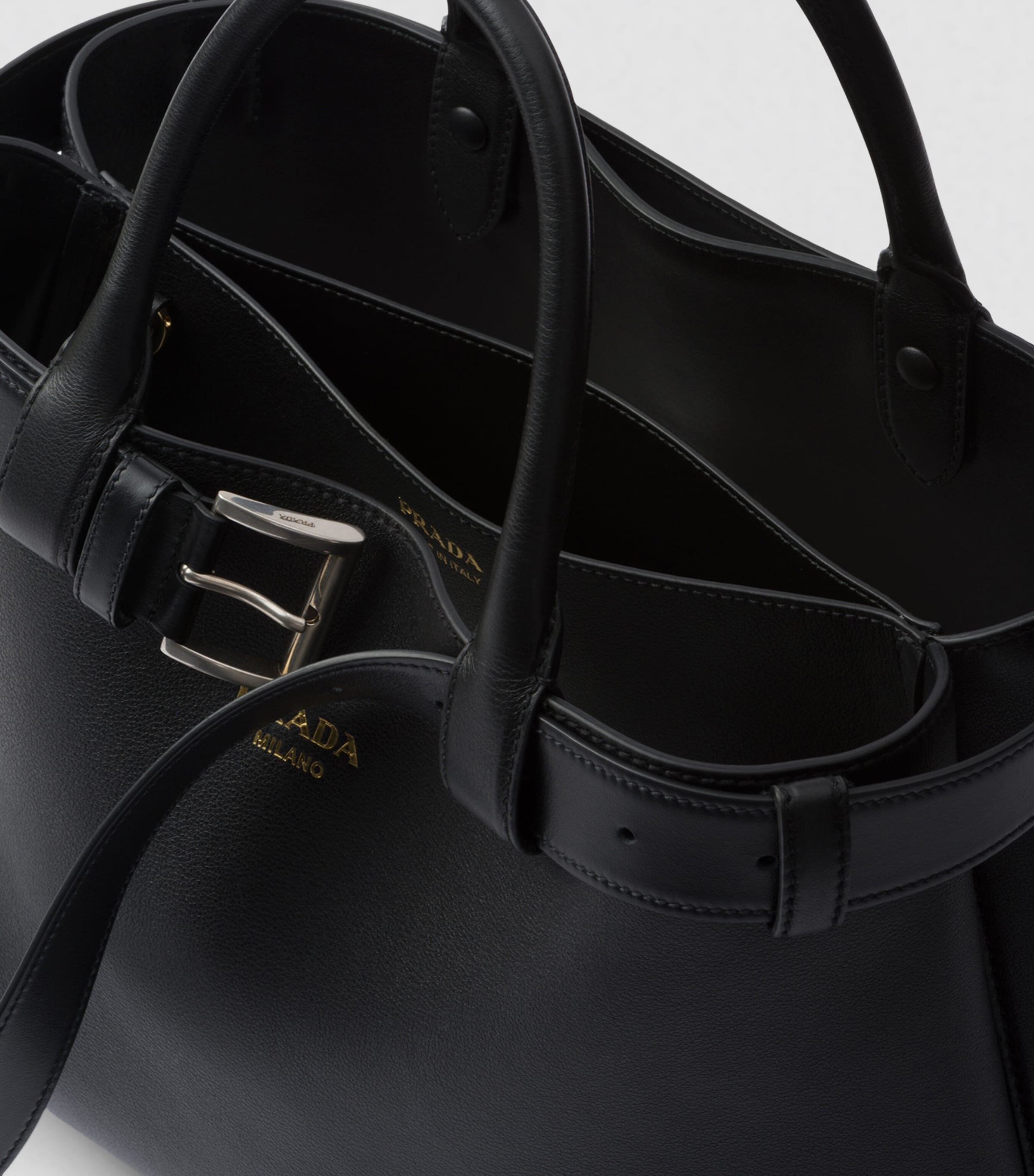 Prada Black Medium Leather Buckle Tote Bag | Harrods UK