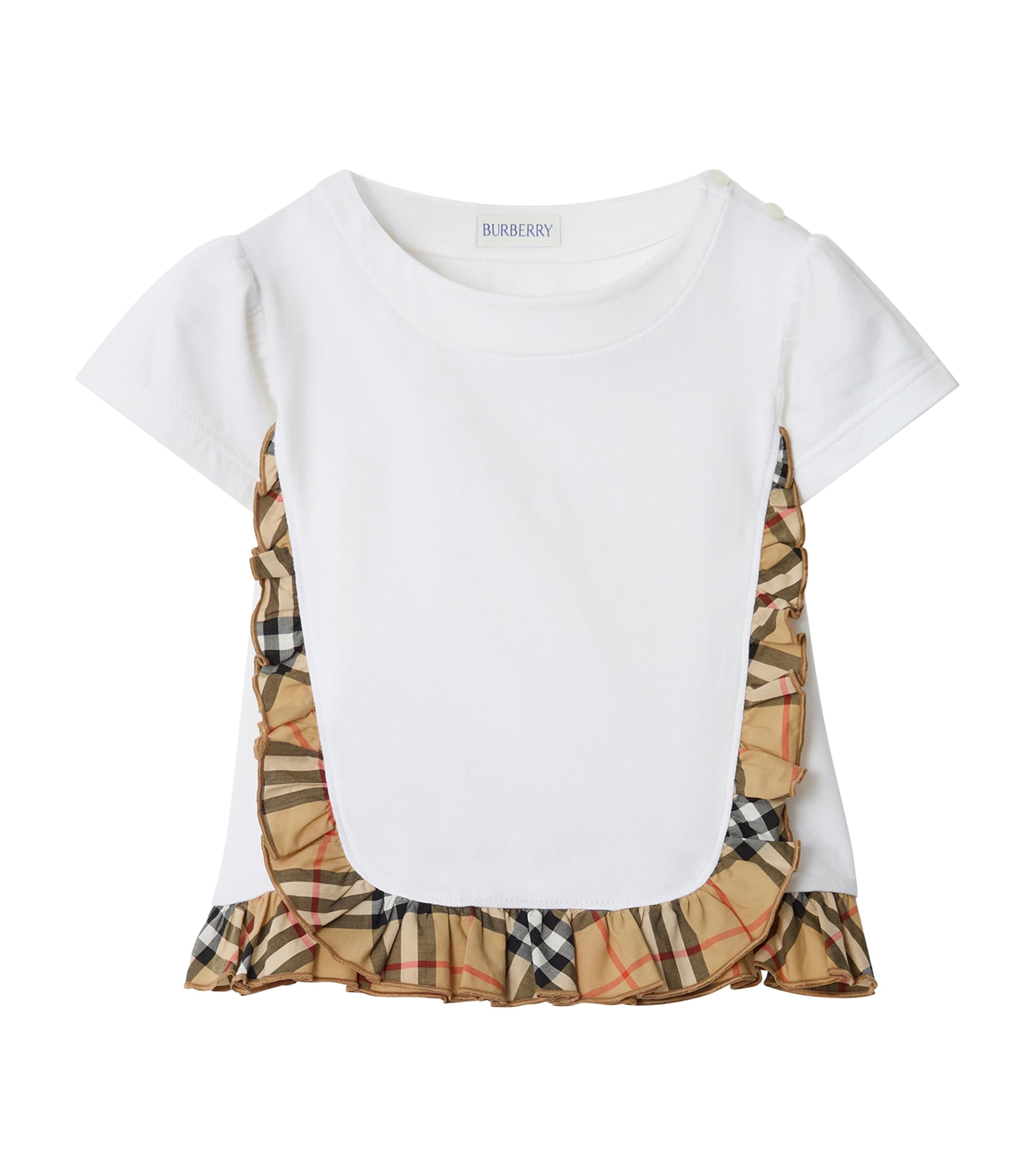 Burberry Kids White Stretch-Cotton Check-Ruffle T-Shirt (3-12