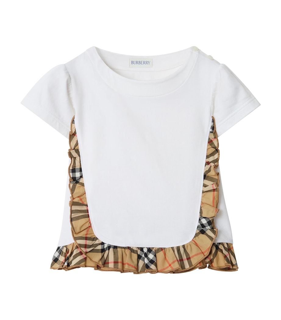 Burberry Kids Stretch-Cotton Check-Ruffle T-Shirt (3-12 Years) White Image 1