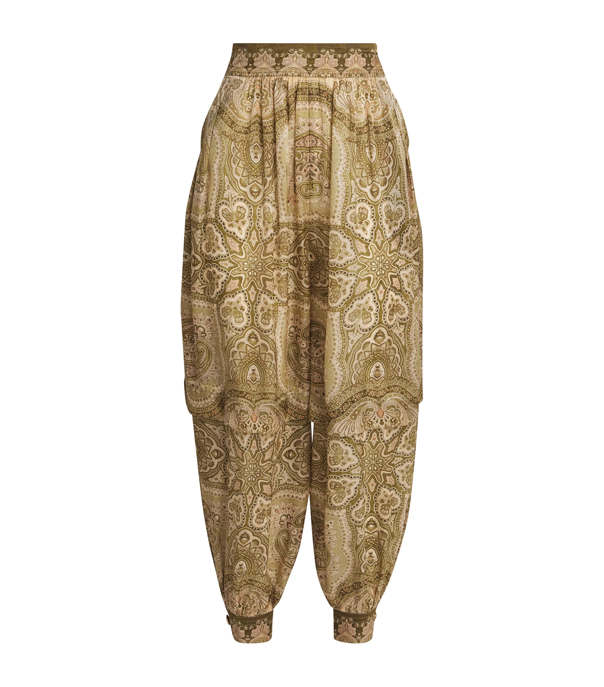 Zimmermann Womens Silk Satin Luna Trousers Olive Perla Paisley Image 1