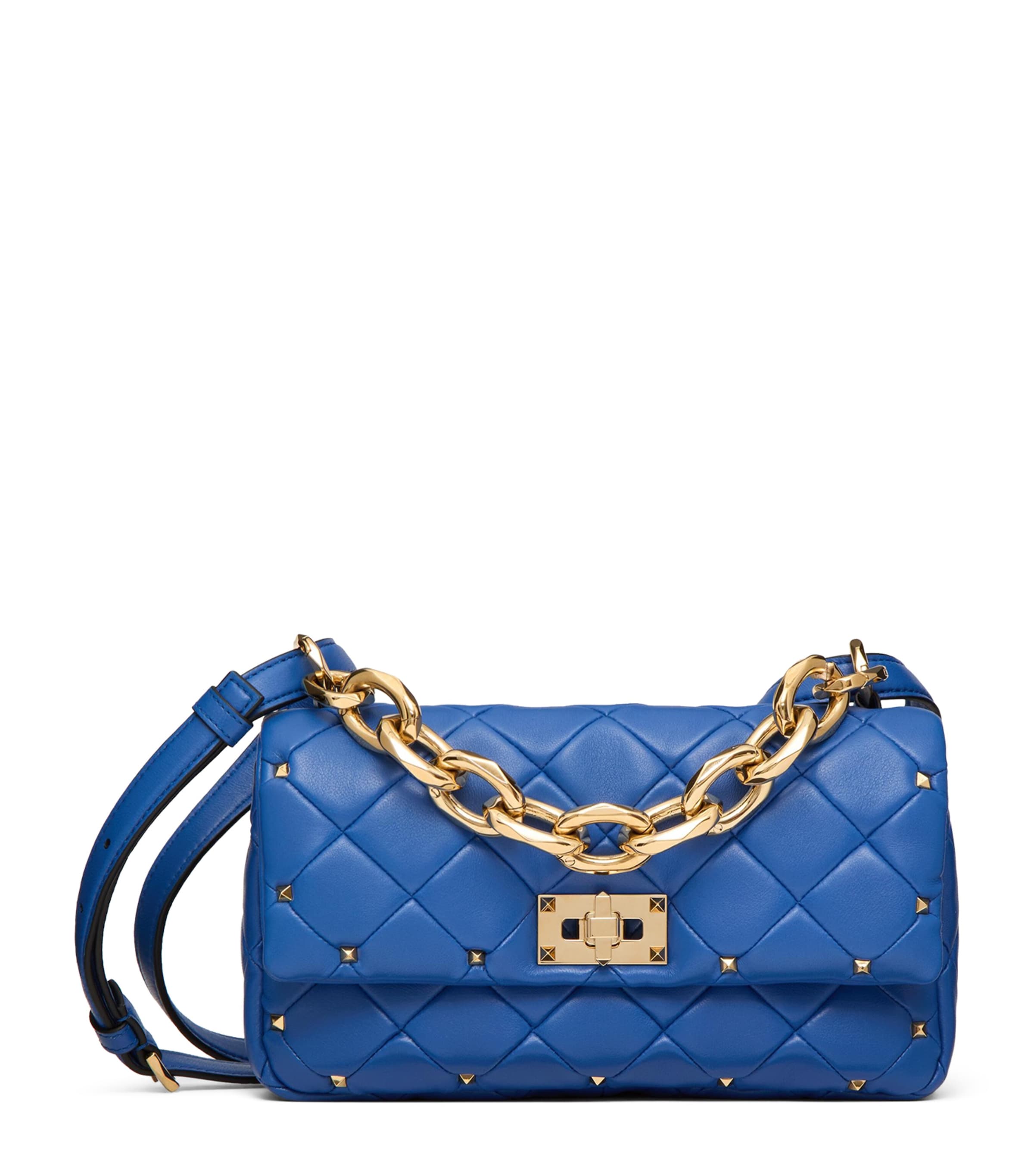 Shop Valentino Lambskin Quilted Rockstud Spike Shoulder Bag In Blue