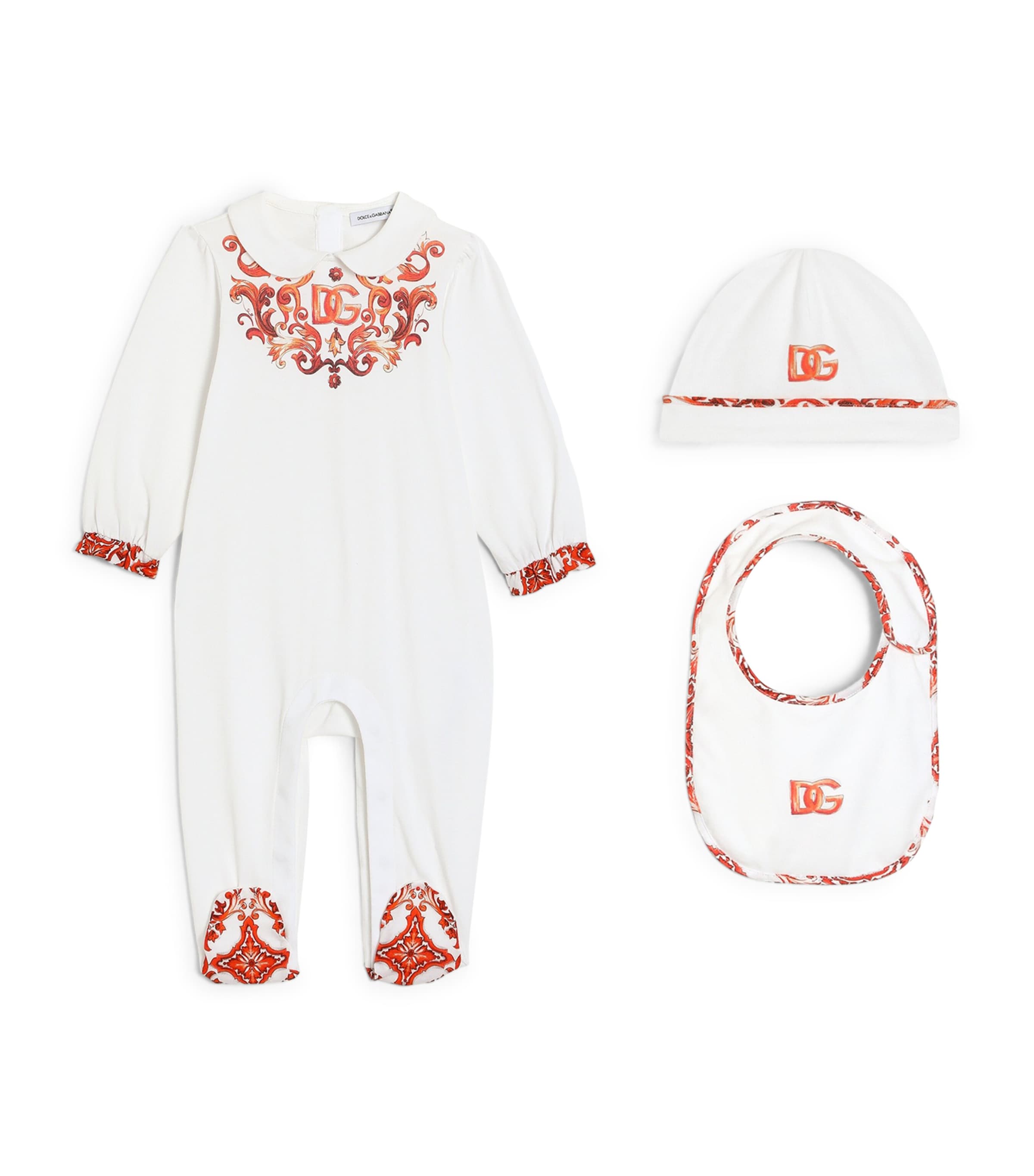 Dolce&Gabbana Kids Cotton All-In-One, Bib and Hat Set (0-24 Months) White Image 1
