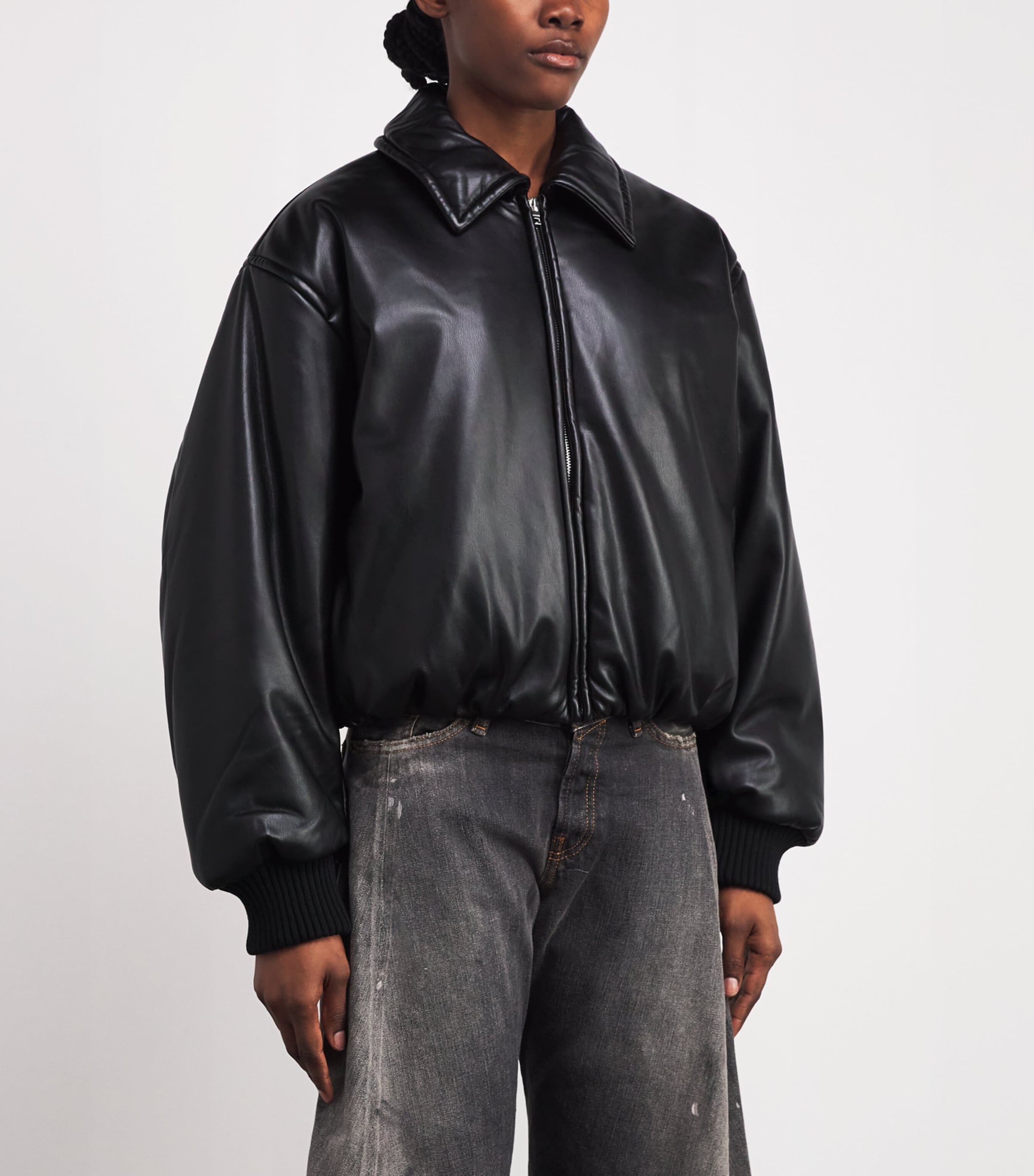 Faux Leather Bomber Jacket BLACK Image 3