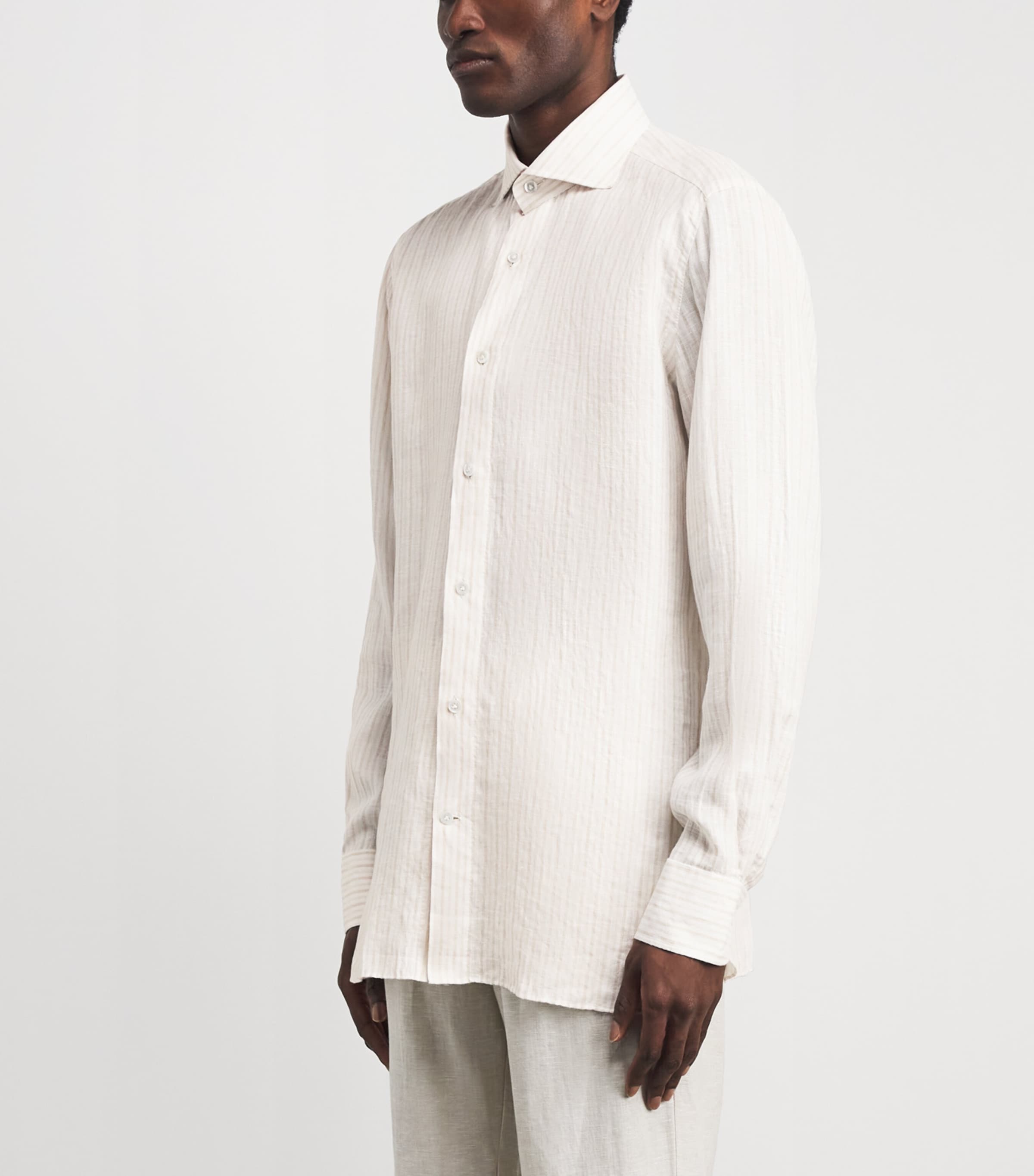 100HANDS Mens Linen Stripe Shirt Brown White Image 4