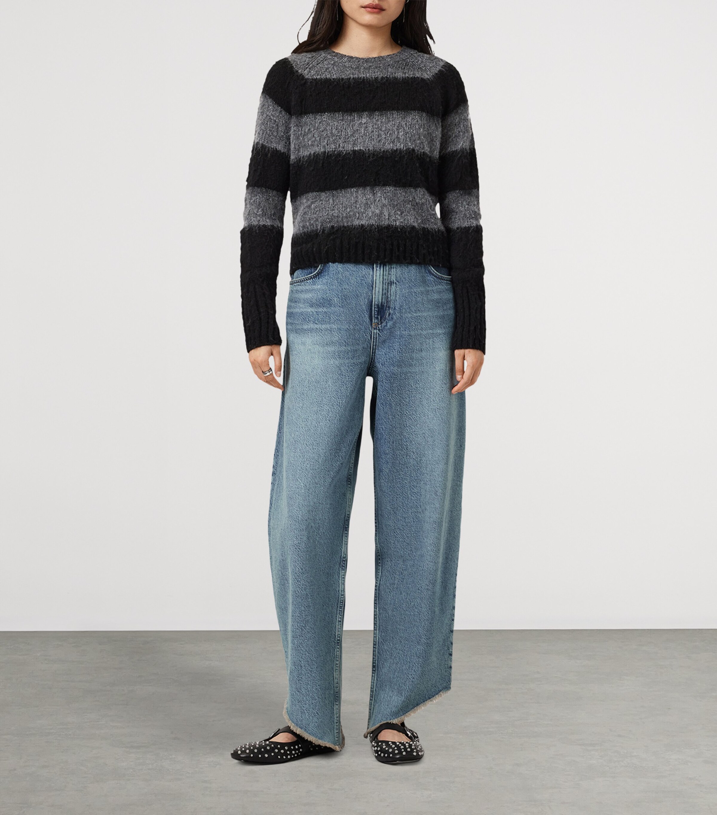 AllSaints Womens Stripe Crew-Neck Sweater Black/grey Image 4