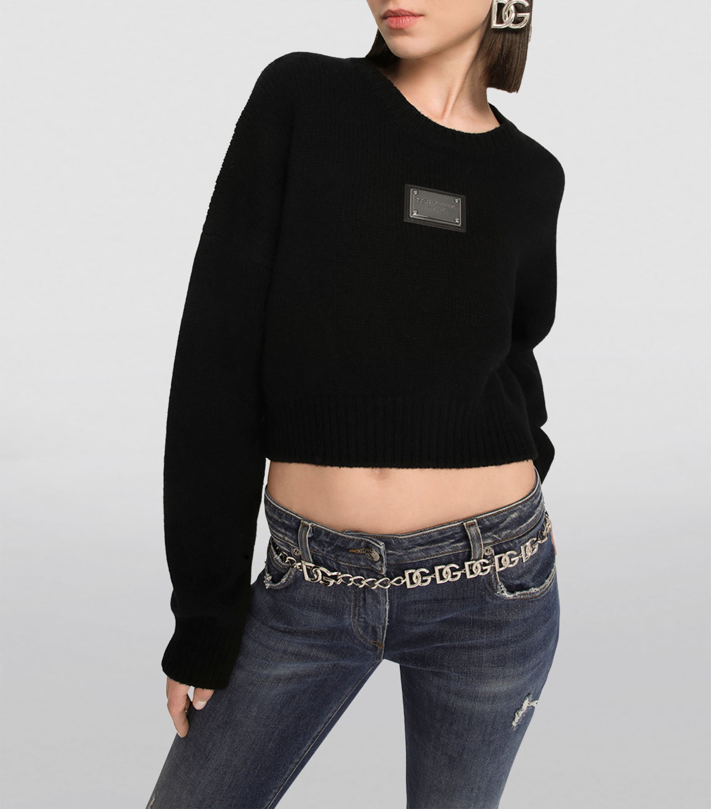 Wool-Cashmere Cropped Sweater N0000-BLACK Image 3