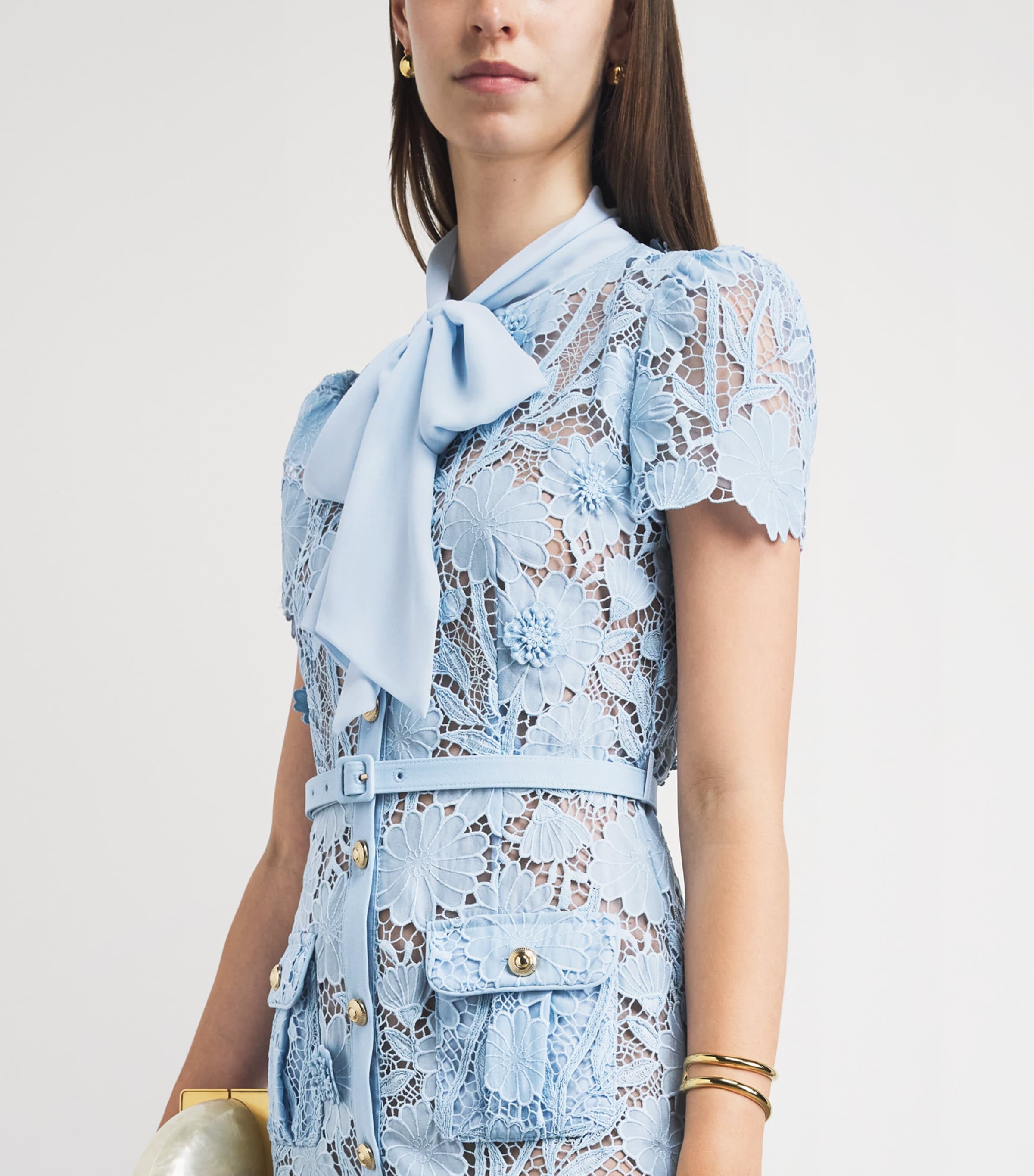 Self-Portrait Womens Lace Tie-Neck Midi Dress Blue Image 3
