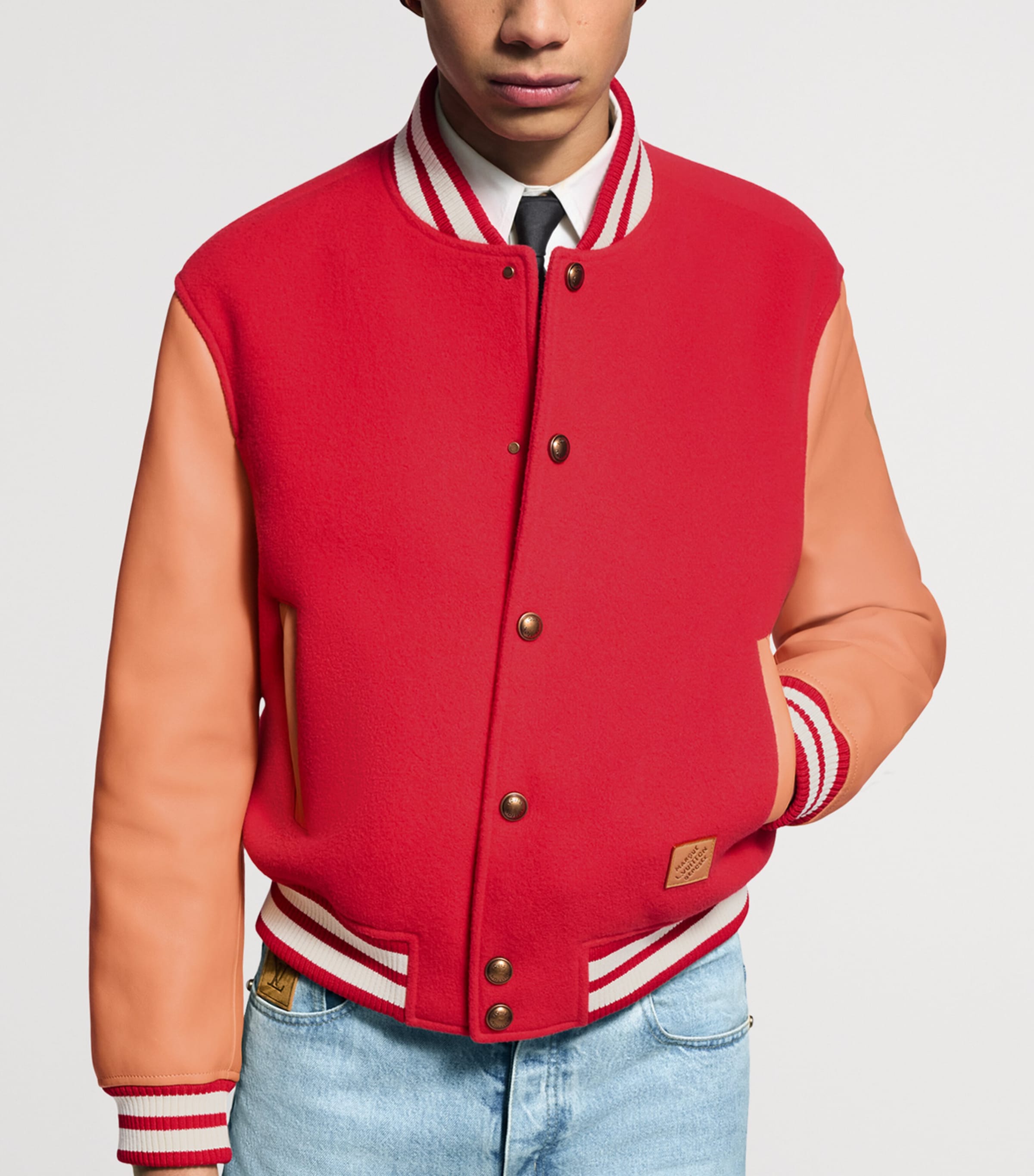 Leather-Trim Wool Varsity Jacket BRIGHT RED Image 4
