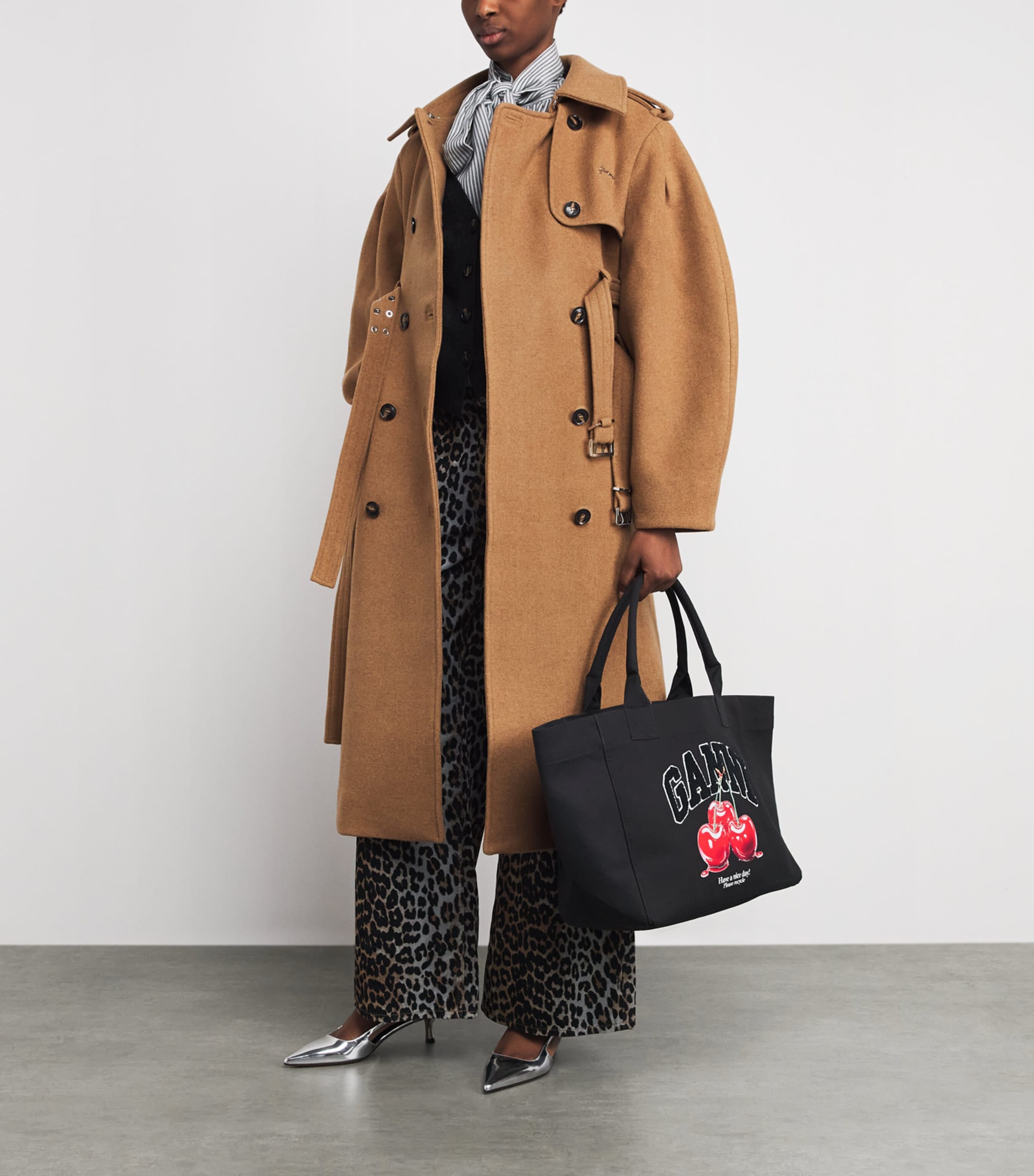 GANNI Womens Wool-Blend Belted Trench Coat Tiger's Eye Image 2