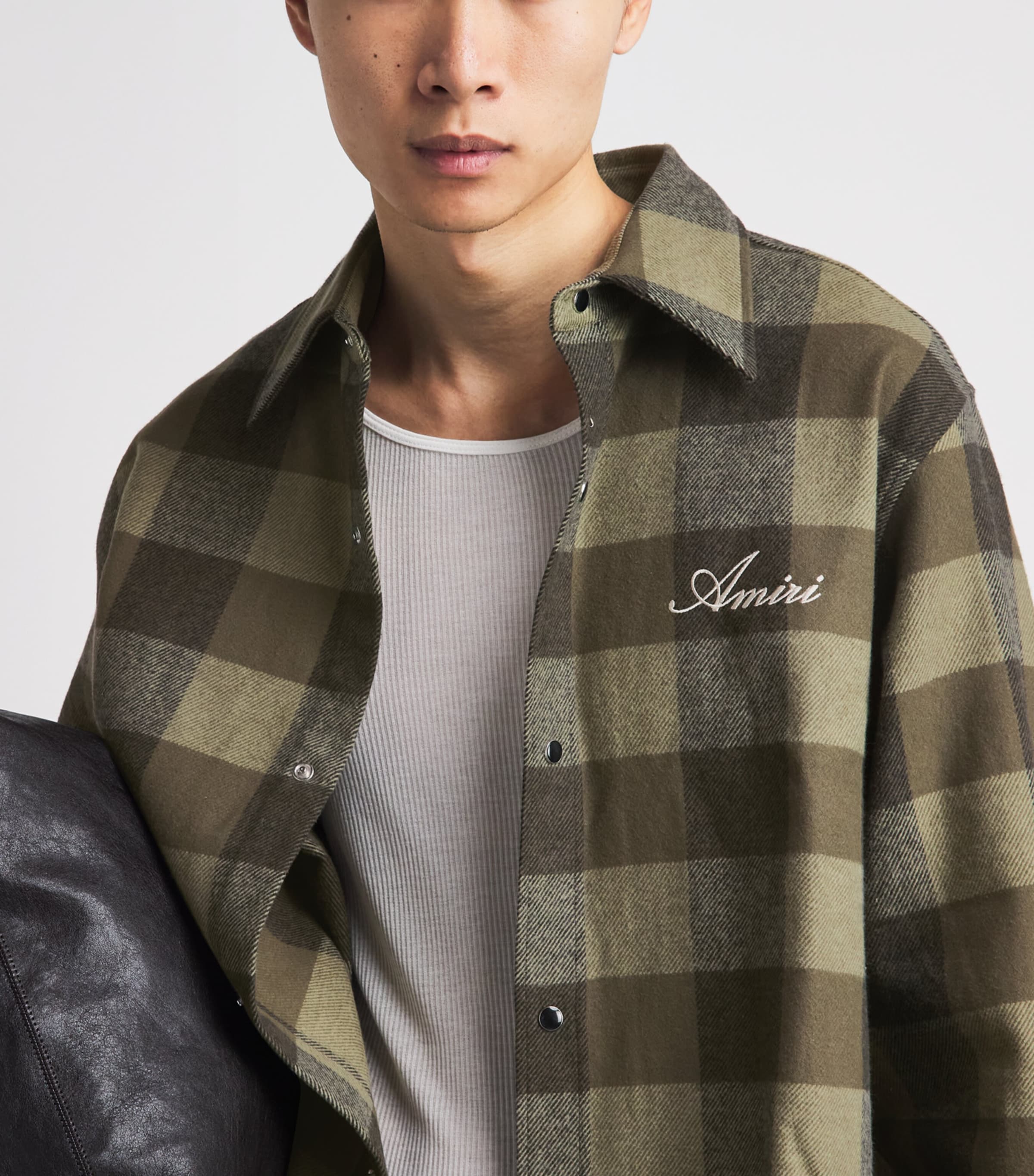 AMIRI Mens Cotton Flannel Check Shirt Deep Olive Image 3