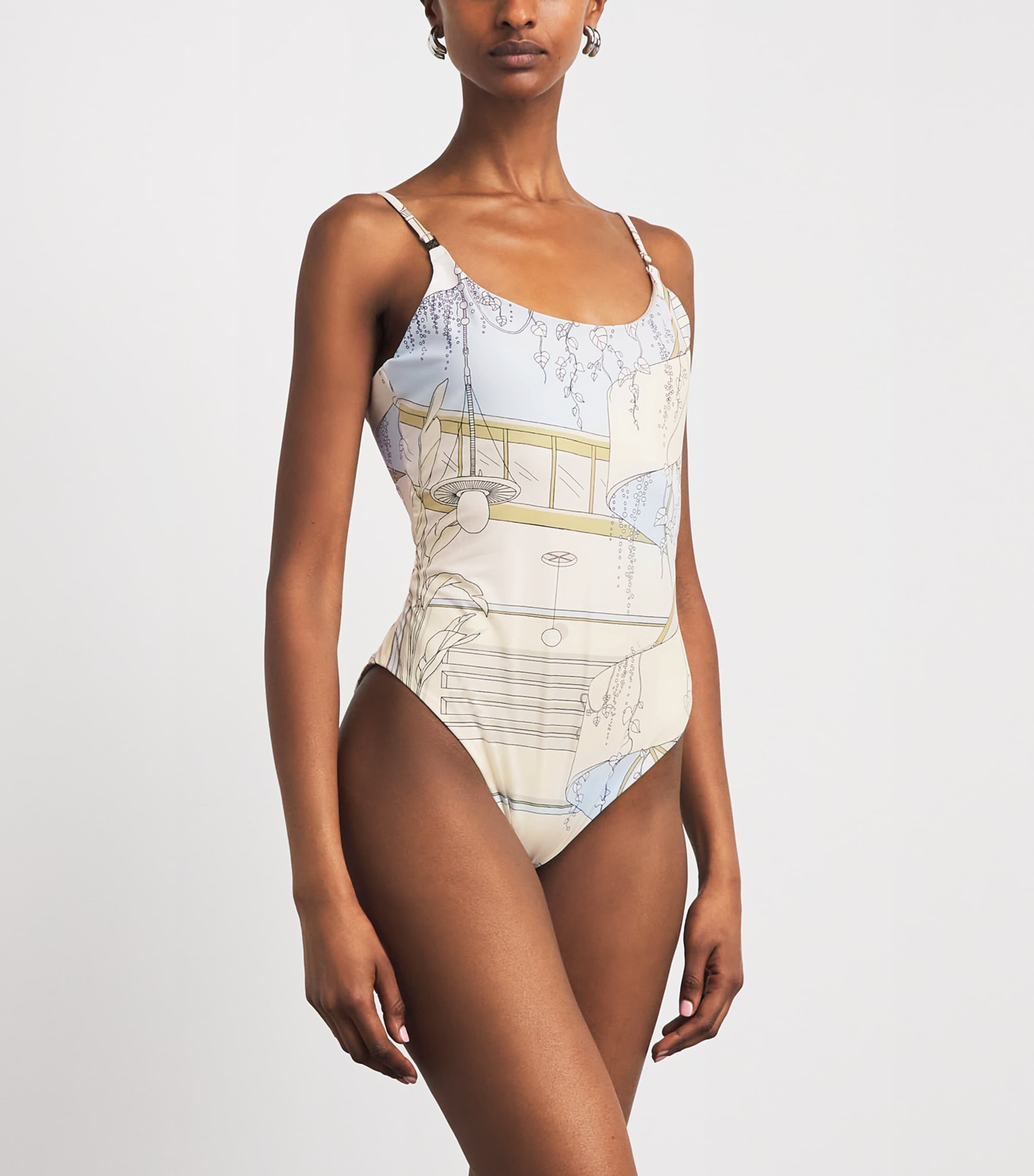 Tory Burch Womens Printed Low-Back Swimsuit The Pool Beige Image 2
