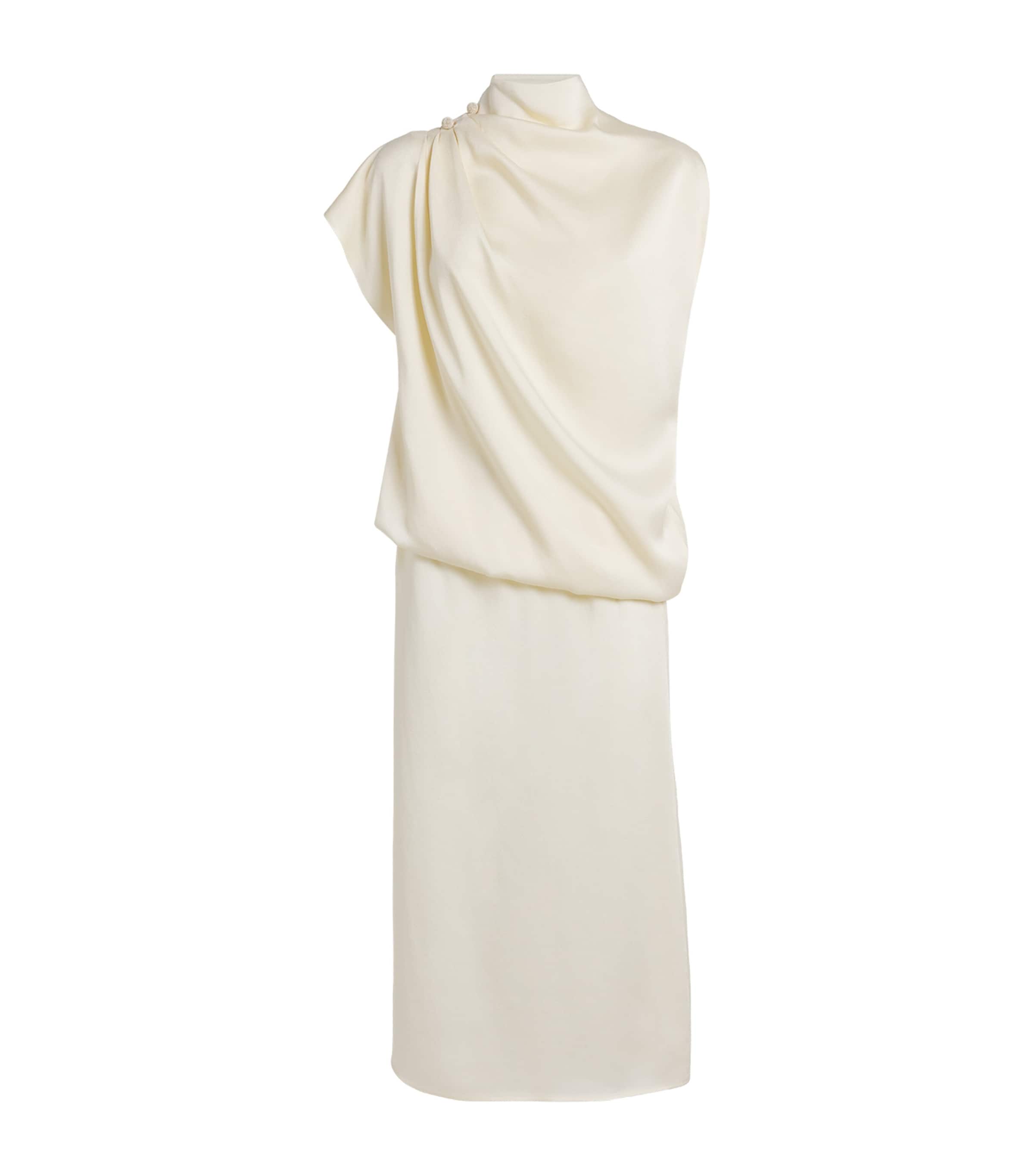 Fabiana Filippi Draped Asymmetric Enver Satin Midi Dress In White