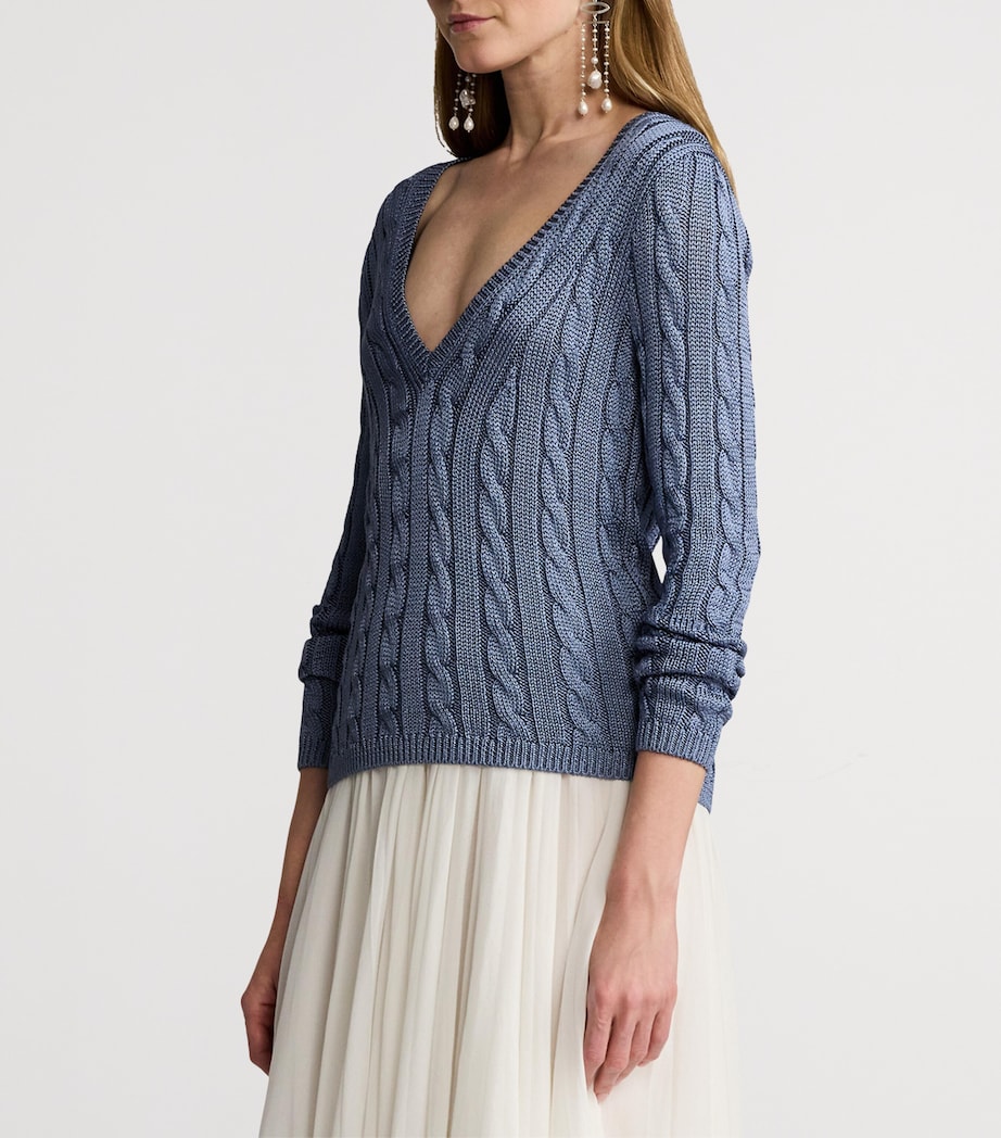 Silk Cable-Knit V-Neck Sweater CORNFLOWER Image 5