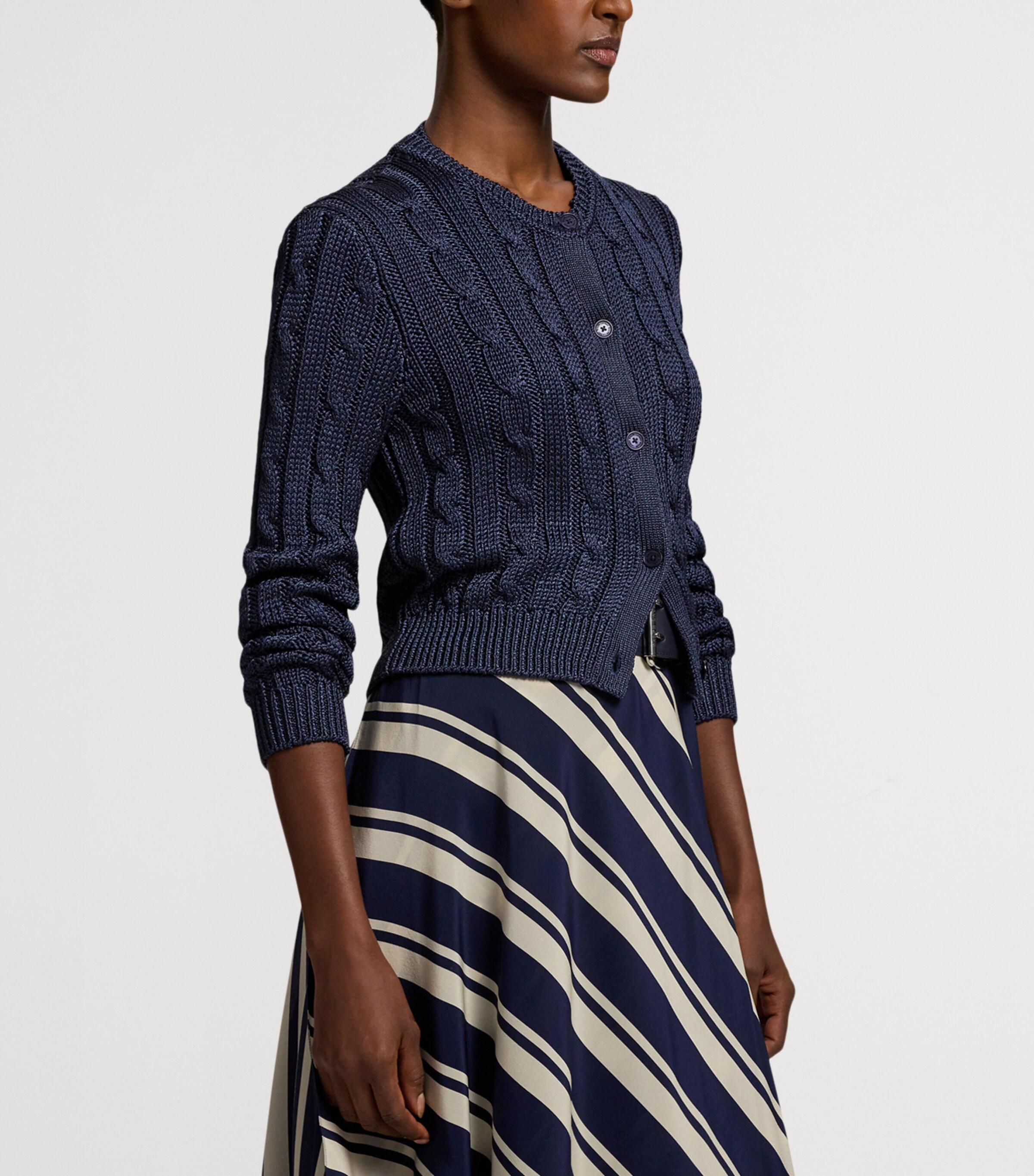 Silk Cable-Knit Cropped Cardigan NAVY-410 Image 9