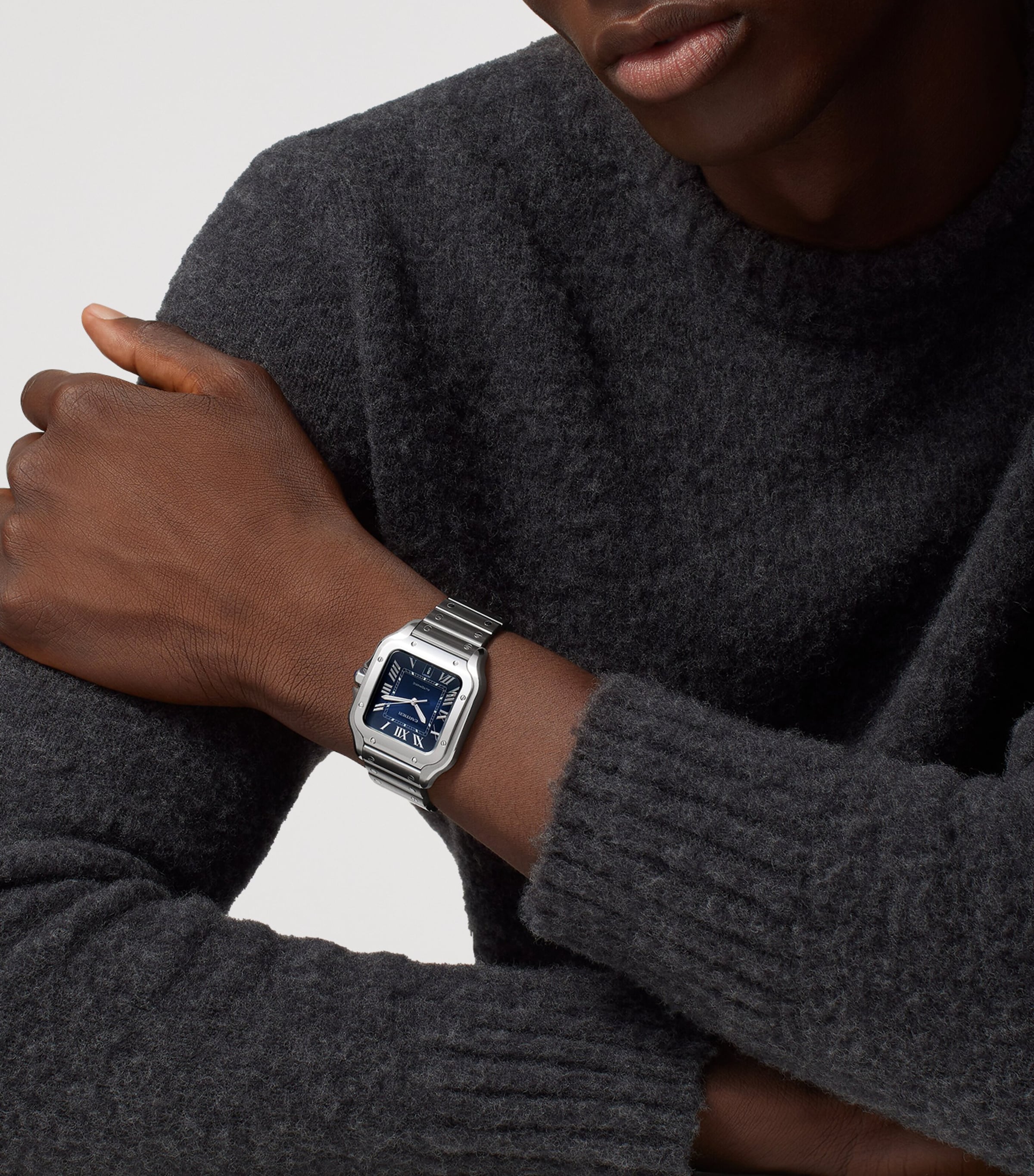 Large Steel Santos de Cartier Watch 39.8mm BLUE Image 11