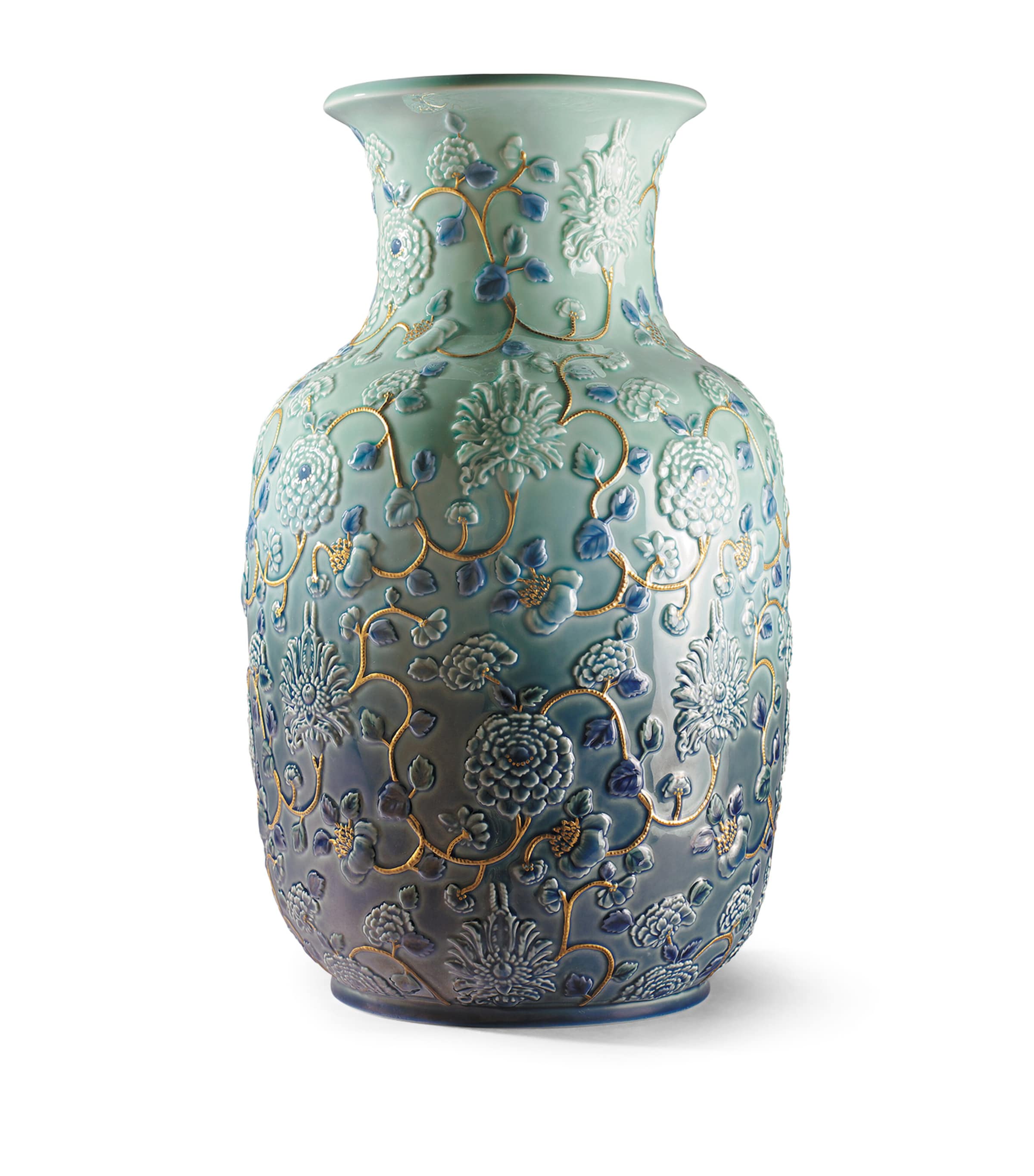 Lladró Porcelain Peonies Vase (42cm) Green Image 1