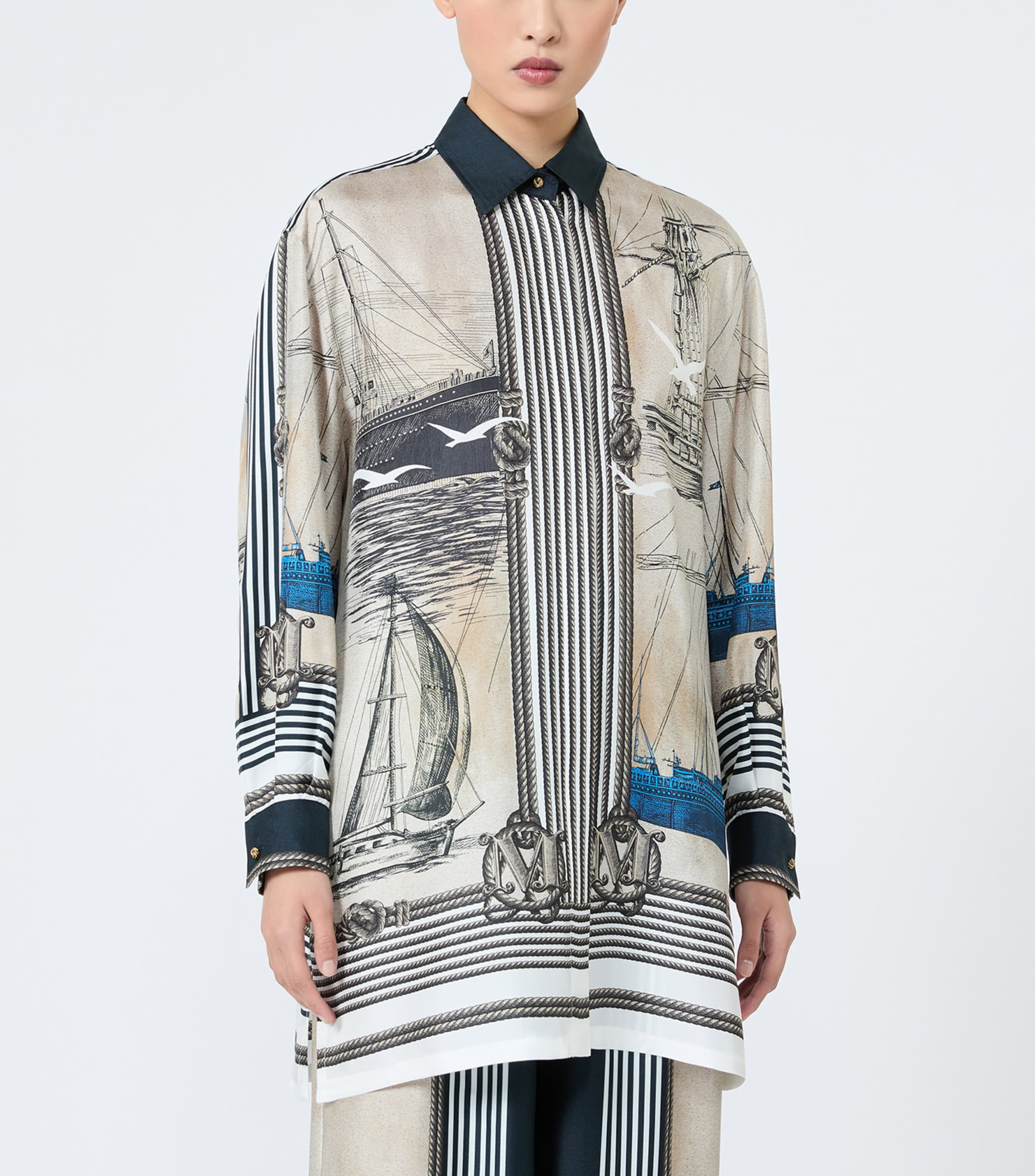 Max Mara Womens Silk Nautical Print Shirt Stone Image 3