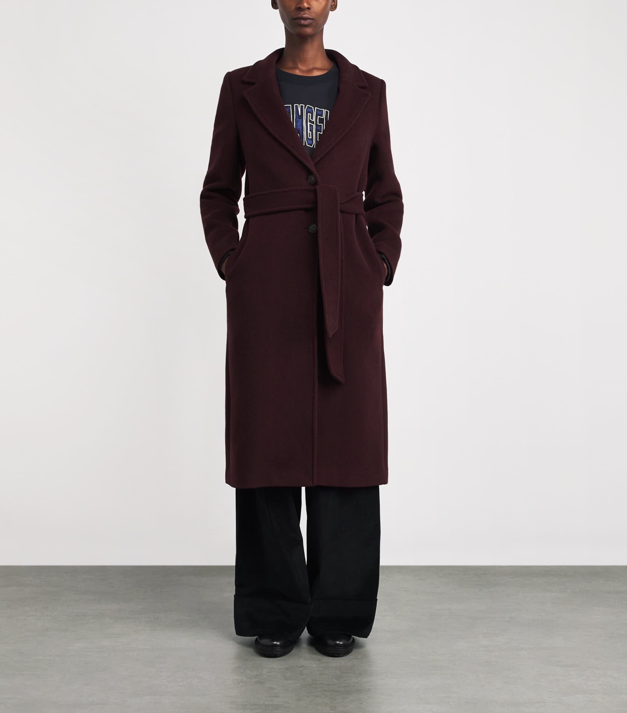 Wool-Cotton Belted Trench Coat BURGUNDY Image 3
