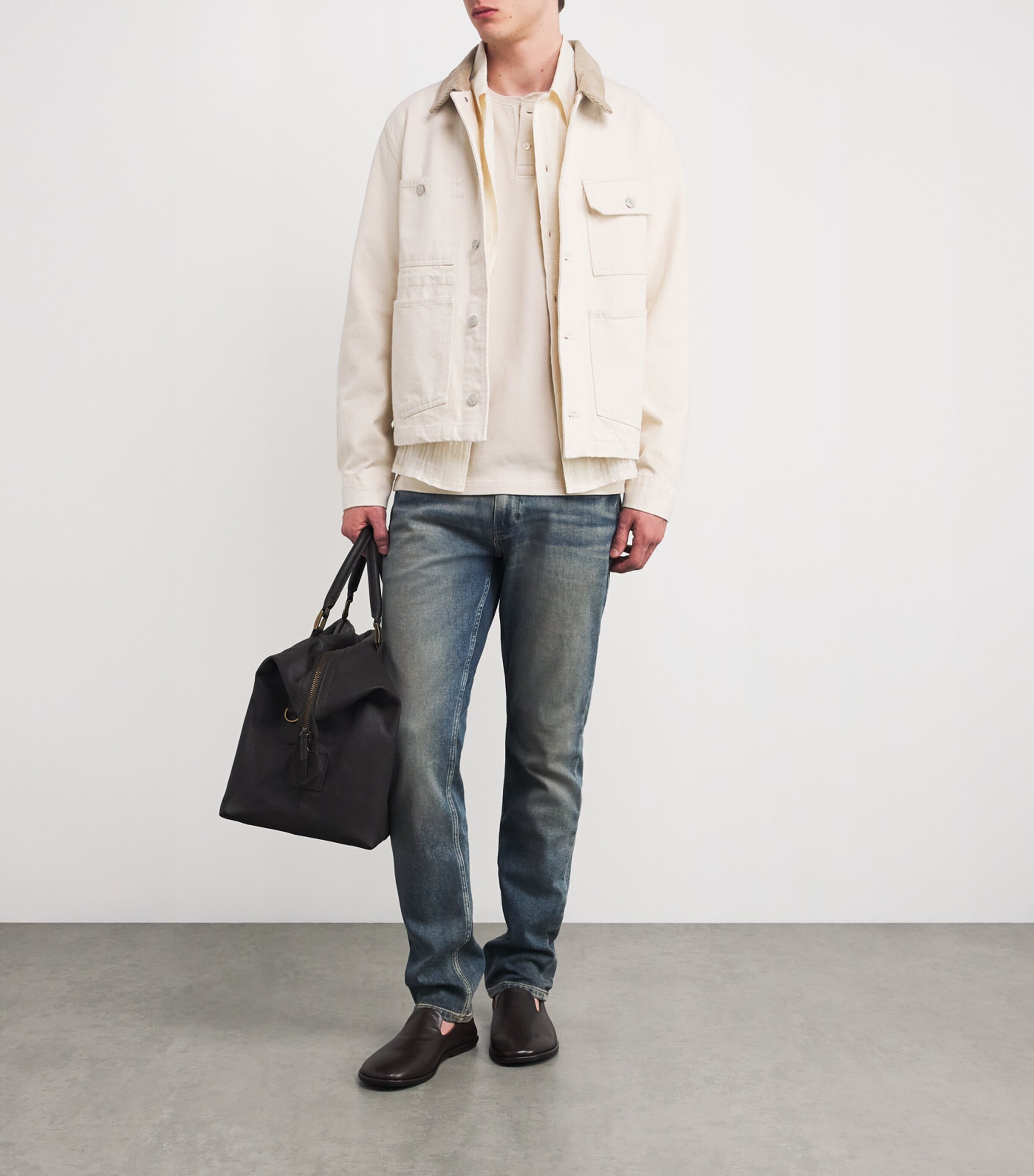 PAIGE Mens Stretch-Cotton Suiza Henley Top Rye Flour Image 2