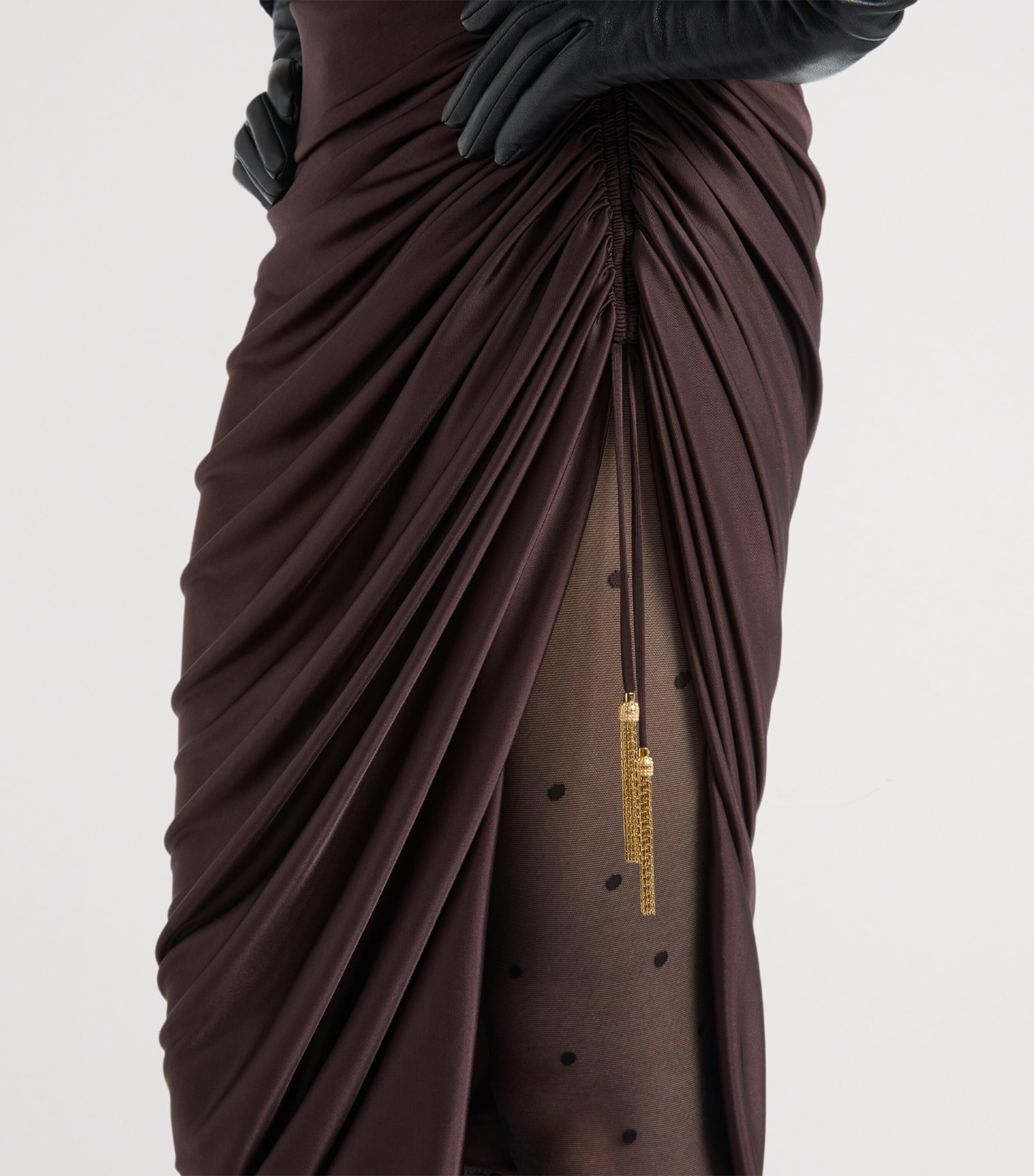 Balmain Womens Jersey Ruched Midi Skirt Brown Marron Image 5