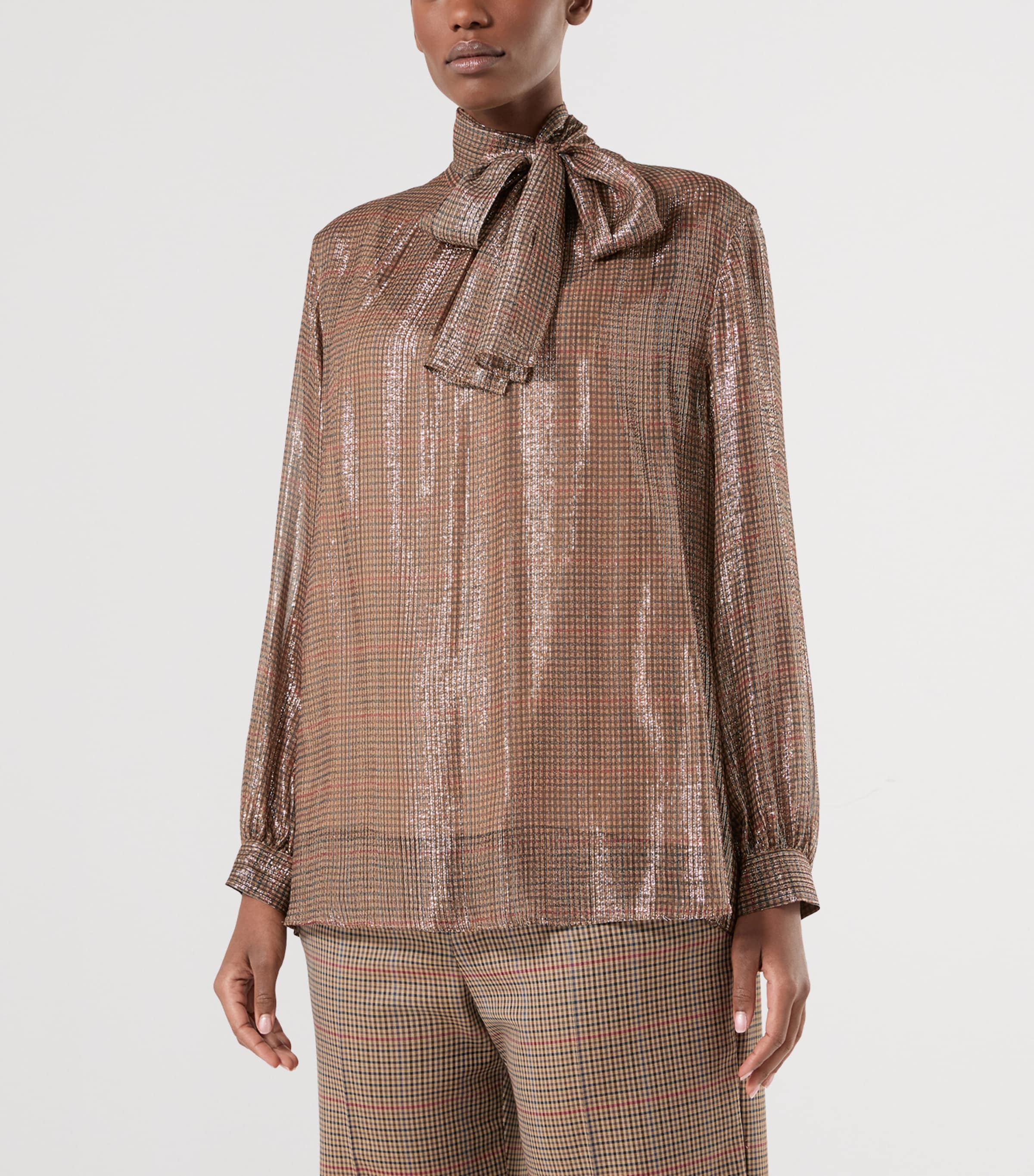 Marina Rinaldi Womens Silk Pussybow Blouse Gold Camel Image 3