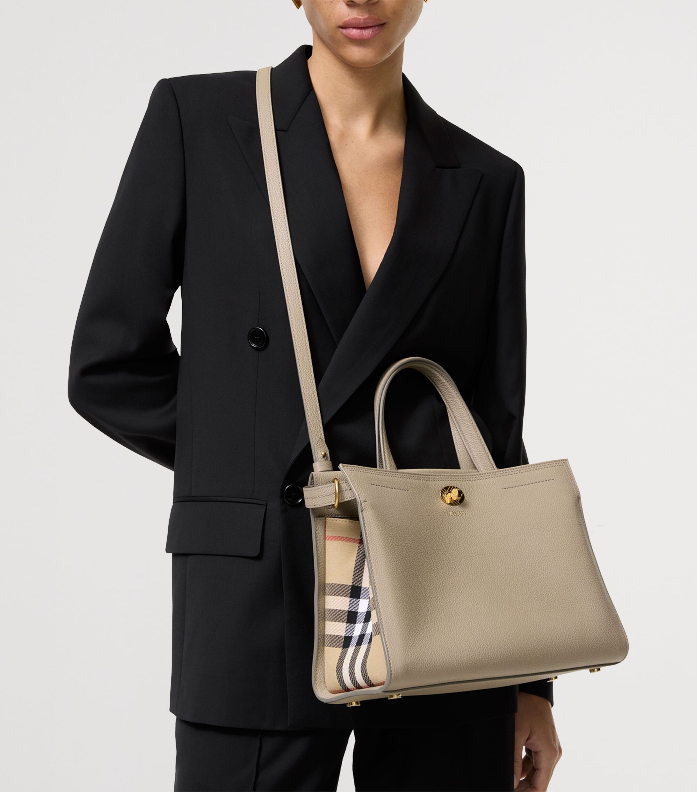 Burberry Womens Small Leather Cotswolds Check Tote Bag Mushroom Image 2