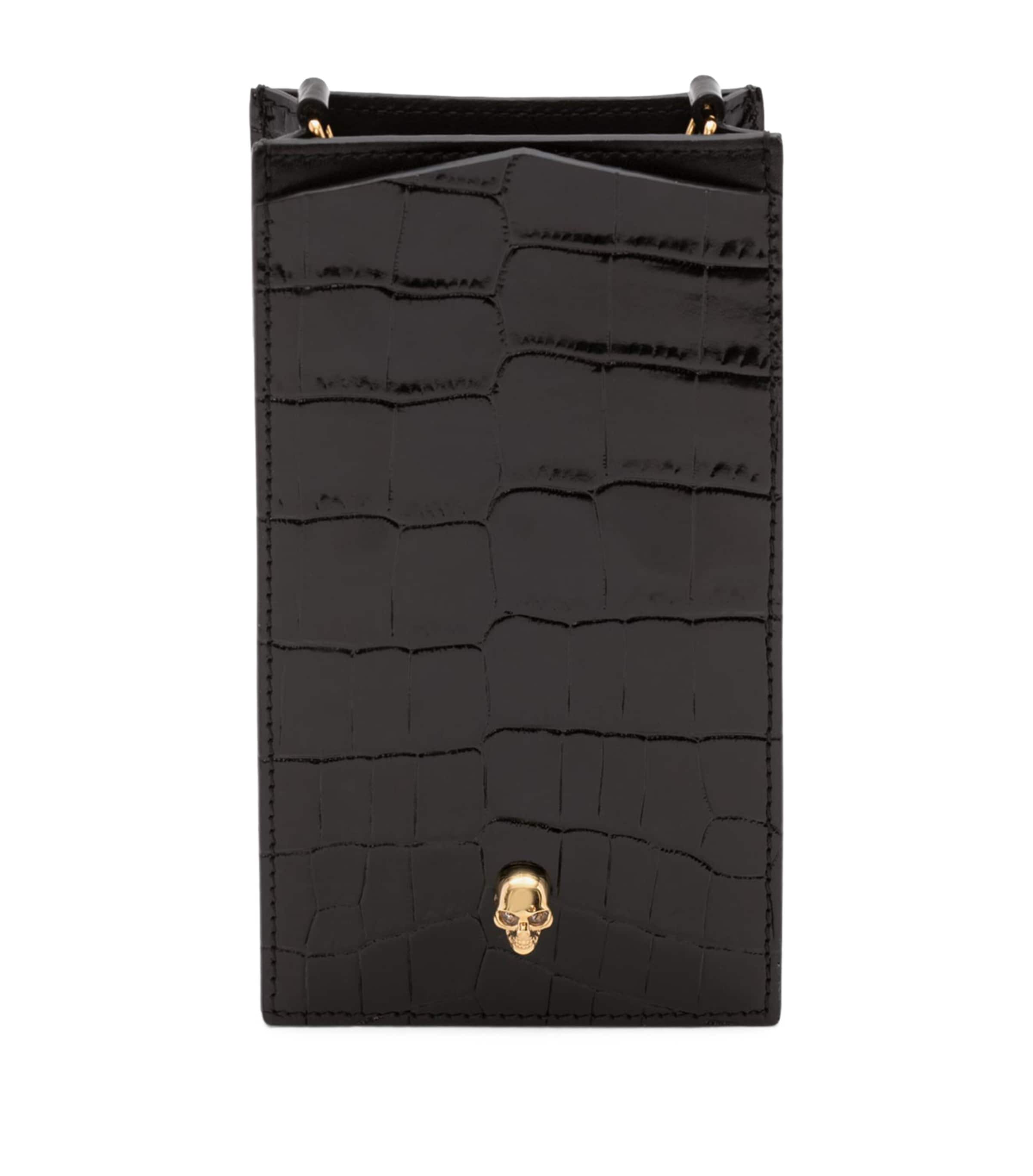 ALEXANDER MCQUEEN SKULL-EMBELLISHED CROC-EMBOSSED LEATHER PHONE CASE