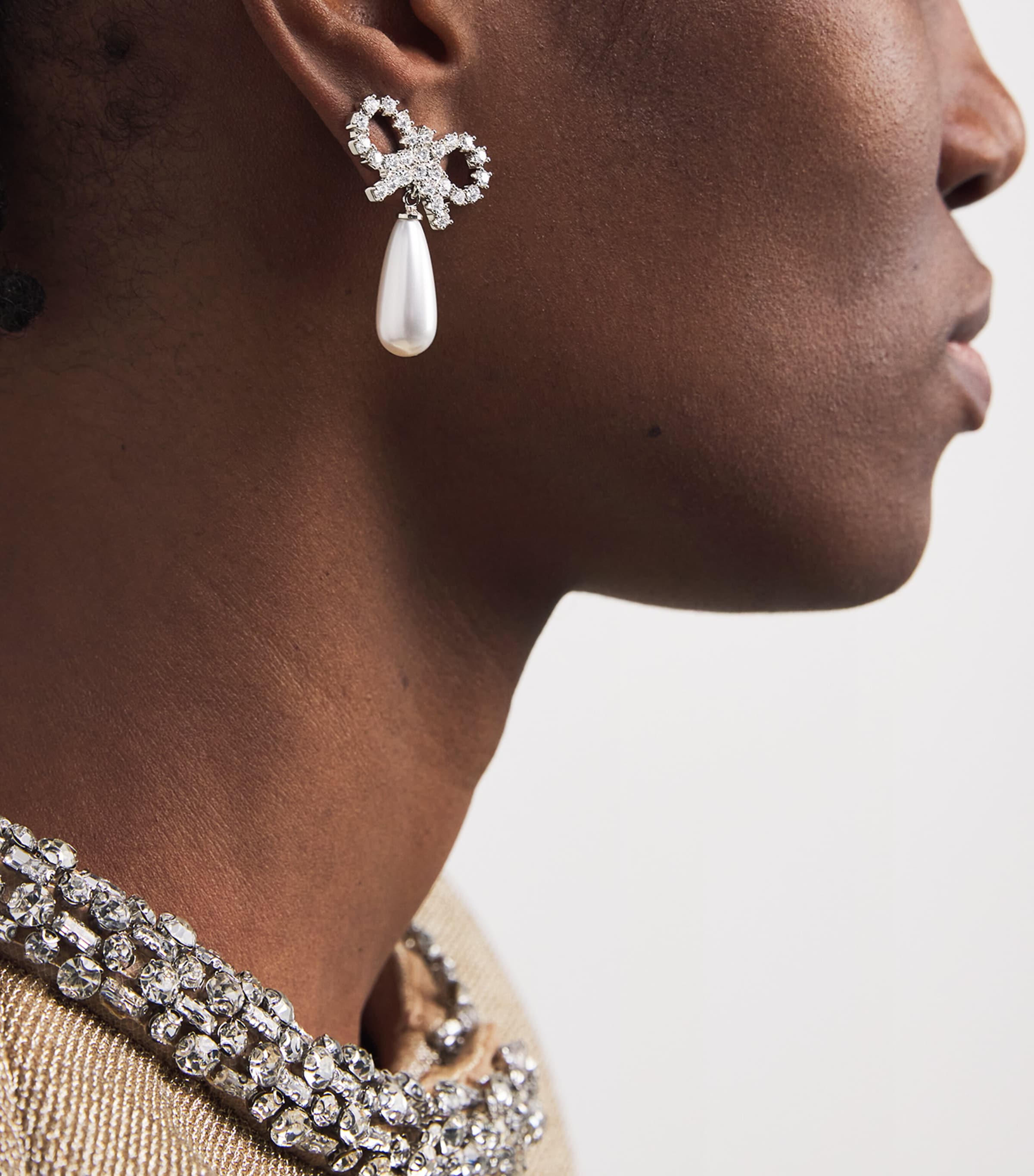 Crystal and Faux Pearl Bow Drop Earrings PEARL Image 2