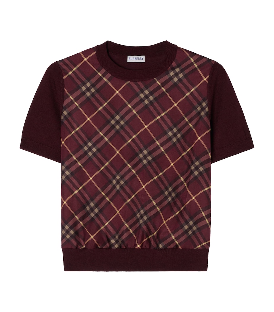 Burberry Womens Wool-Silk Check Panel T-Shirt Vineyard Red Image 1