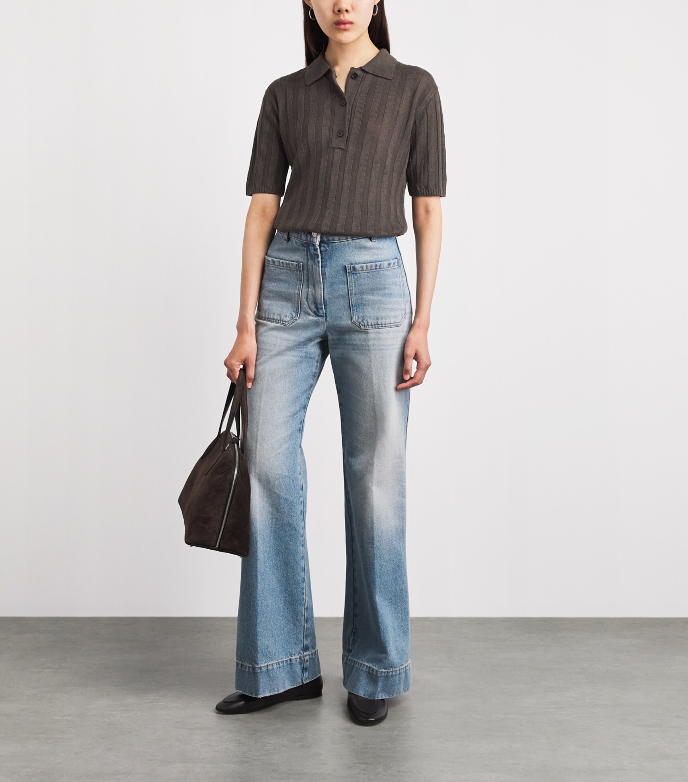 MM Womens Linen Ribbed Polo Sweater Dark Bown Image 2