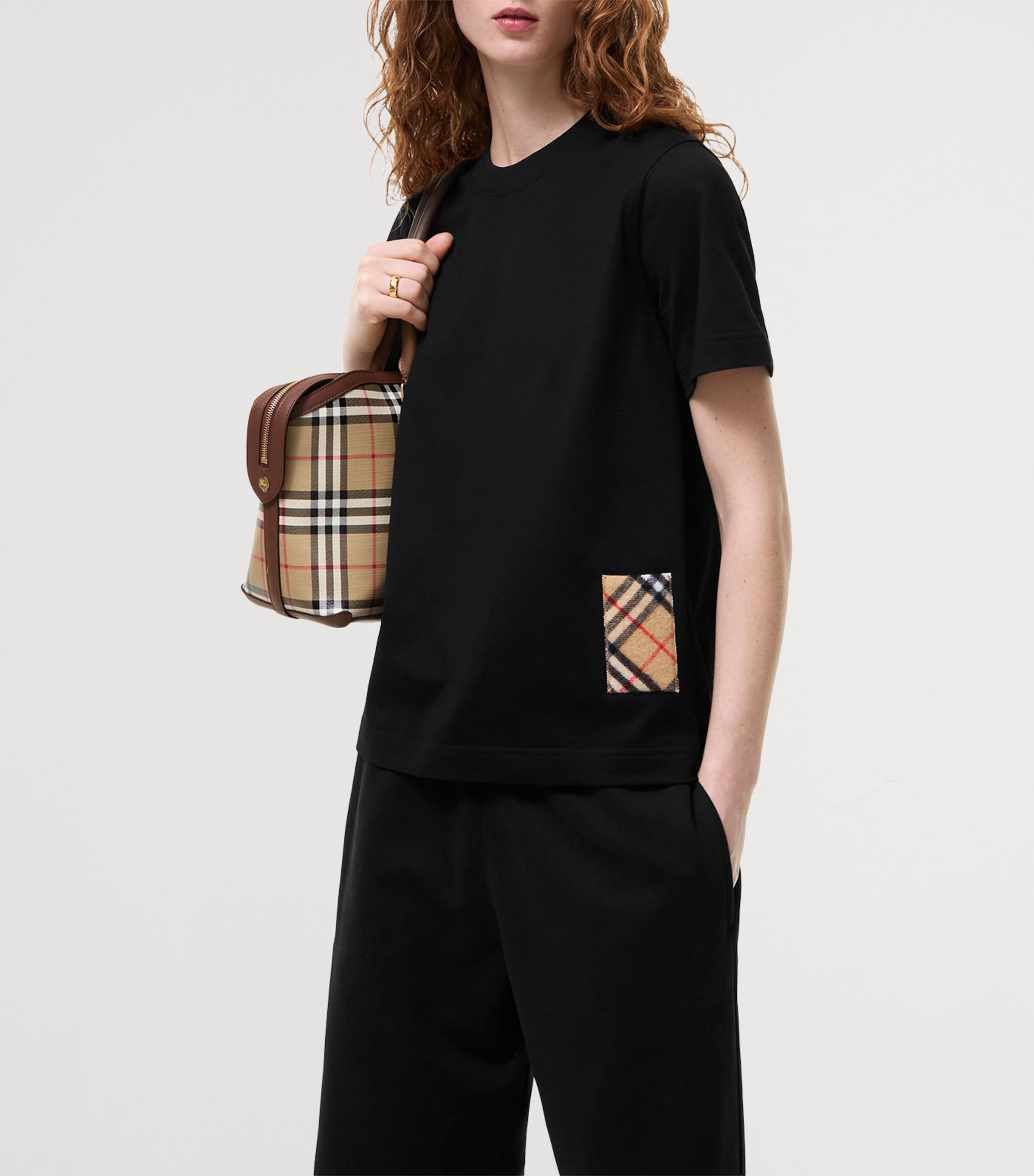 Burberry Womens Cotton Check-Patch T-Shirt Black Image 2
