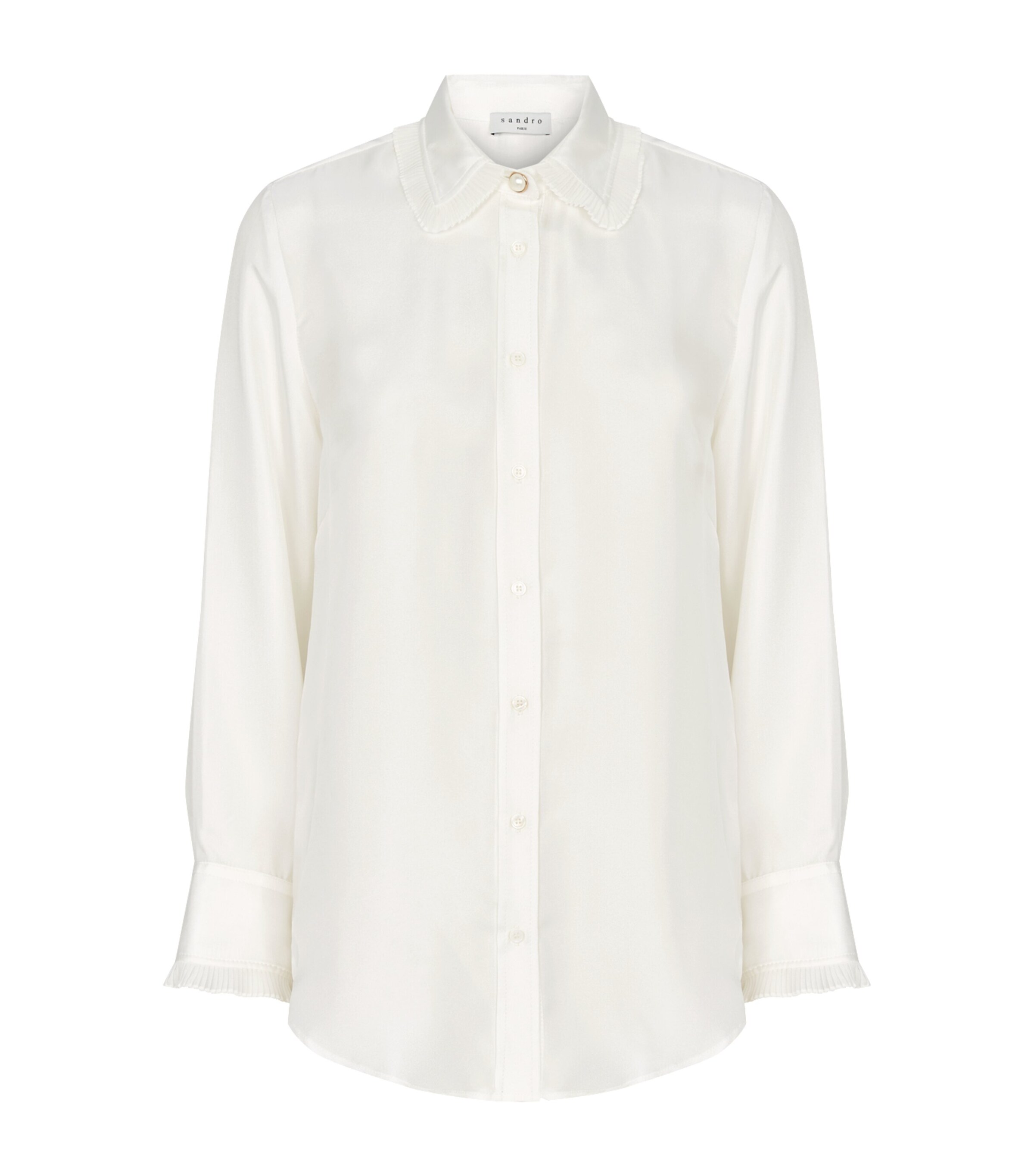 Sandro Taina Ruffle Trim Long Sleeve Silk Blouse In Beige