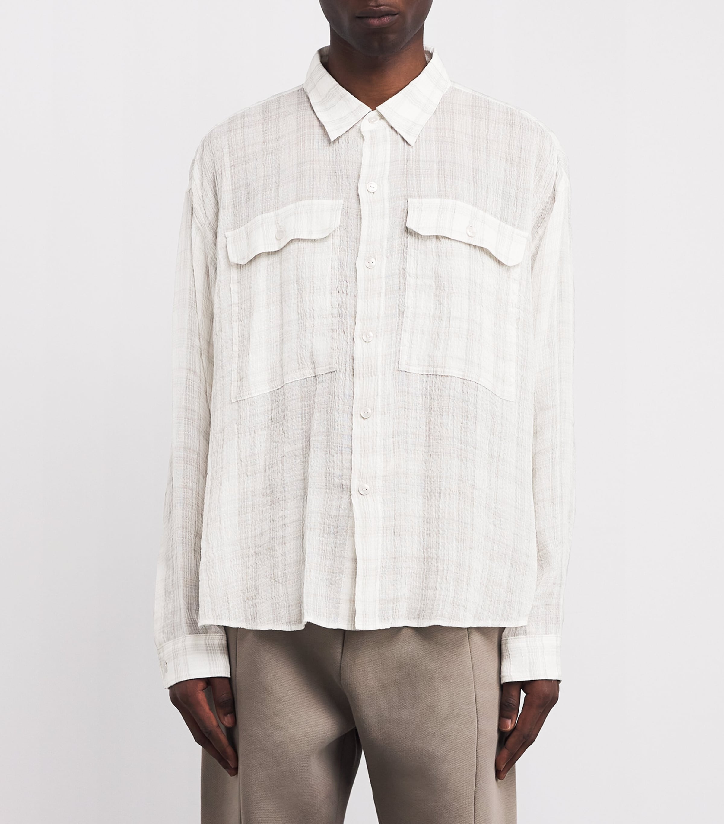 COLE BUXTON Mens Linen-Blend Slub Check Ivy League Shirt Vintage White Image 3