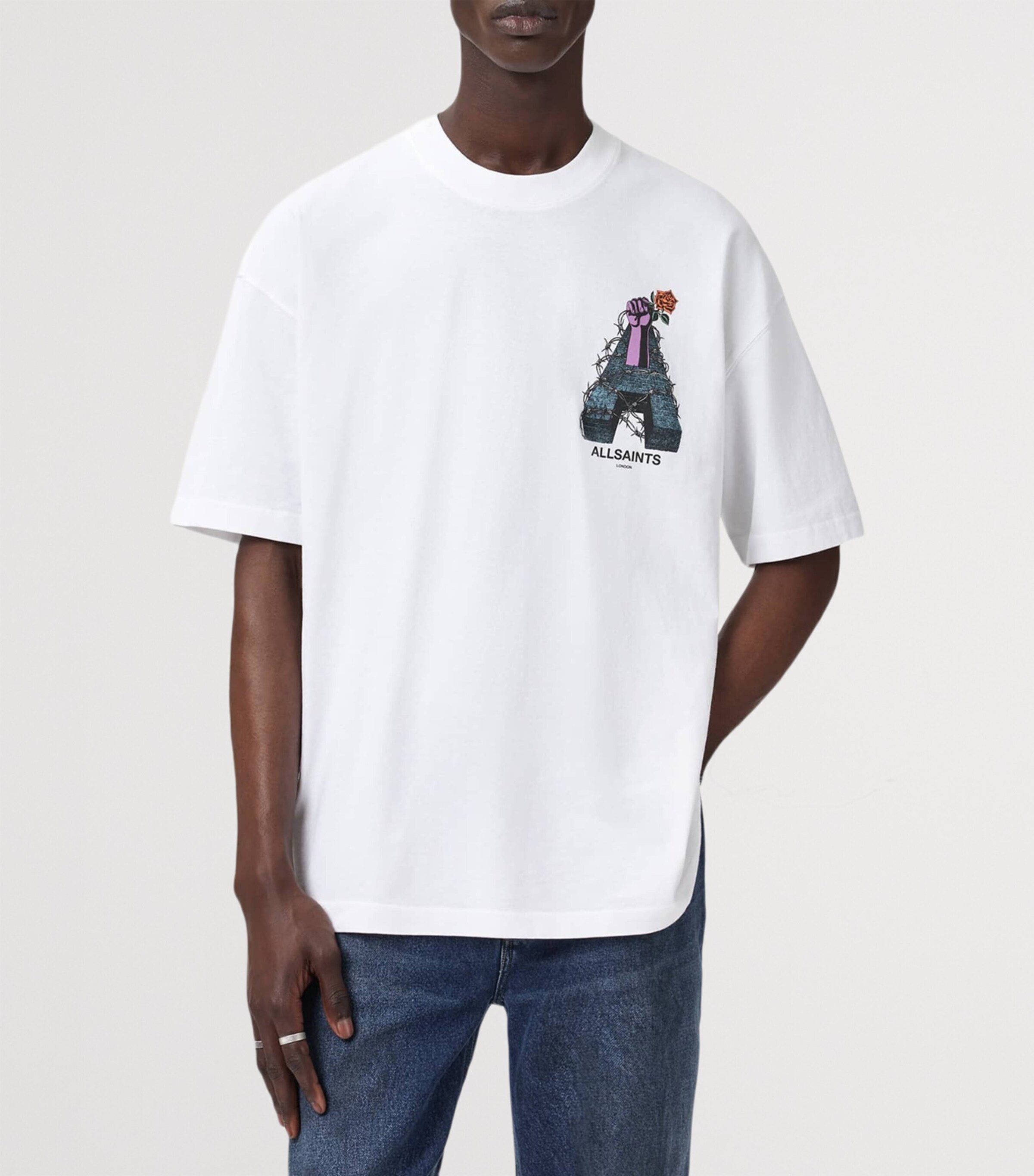 AllSaints Mens Cotton Defiance Print T-Shirt Optic White Image 6