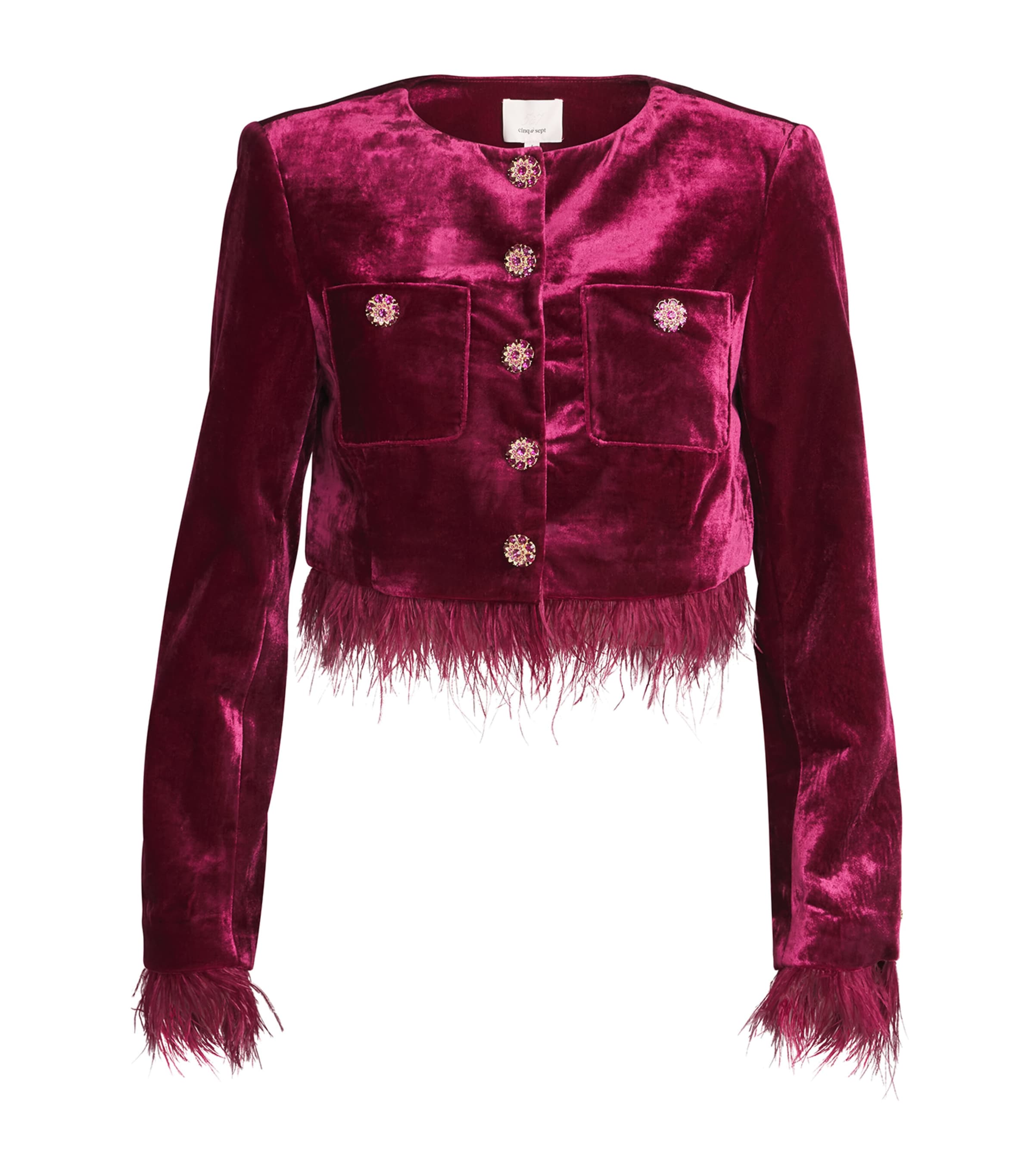 Cinq A Sept Womens Velvet Evelina Feather-Trimmed Jacket Red Plum Image 1
