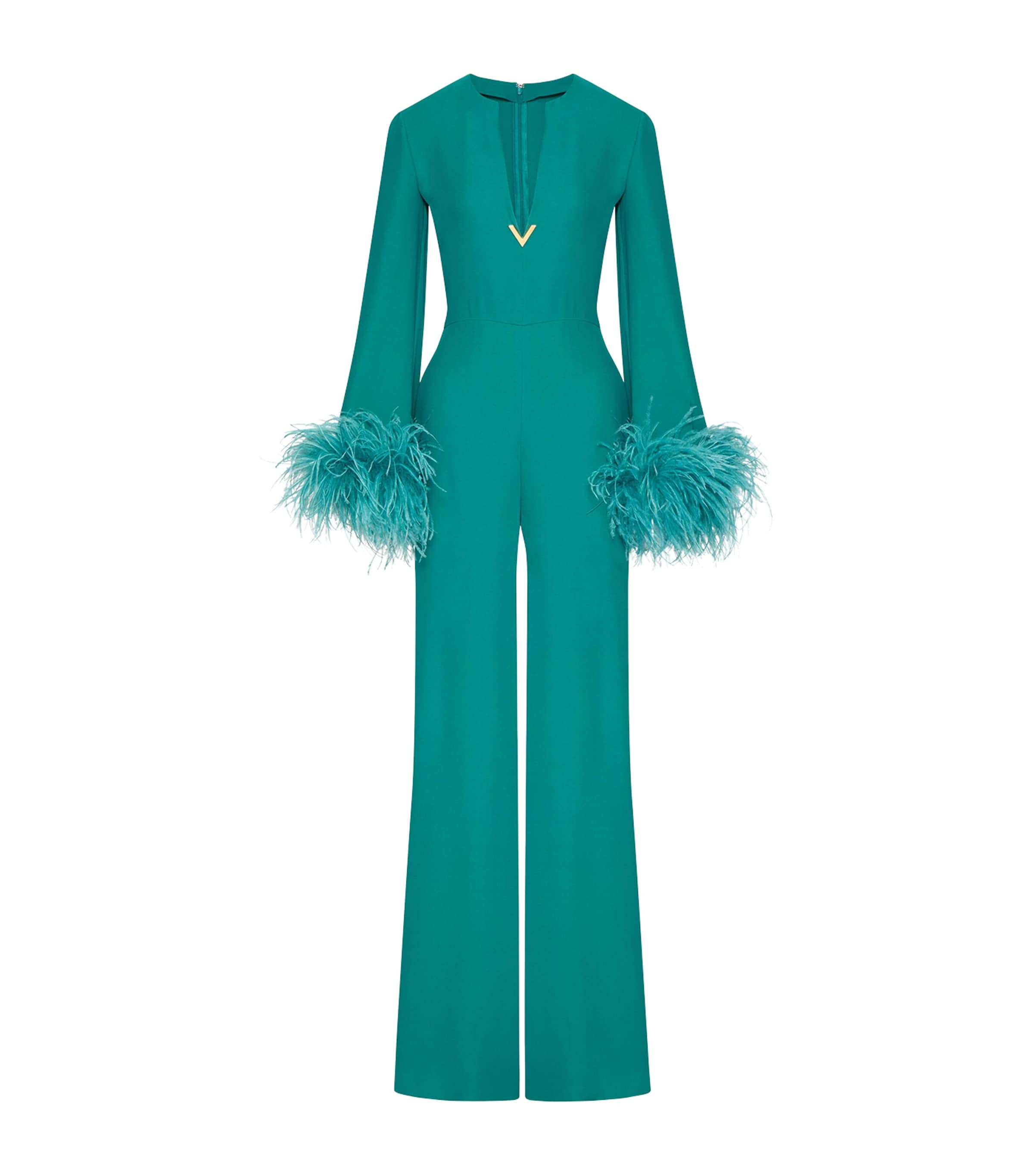Valentino Silk Feather-trim Jumpsuit In Blue