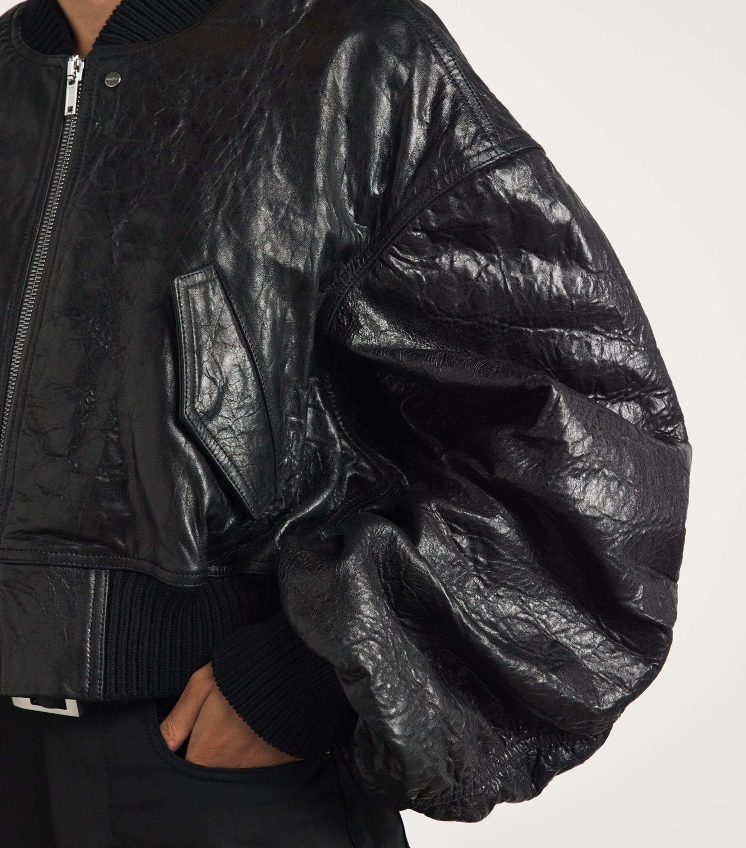 Rick Owens Womens Crinkled Leather Bomber Jacket Black Image 3