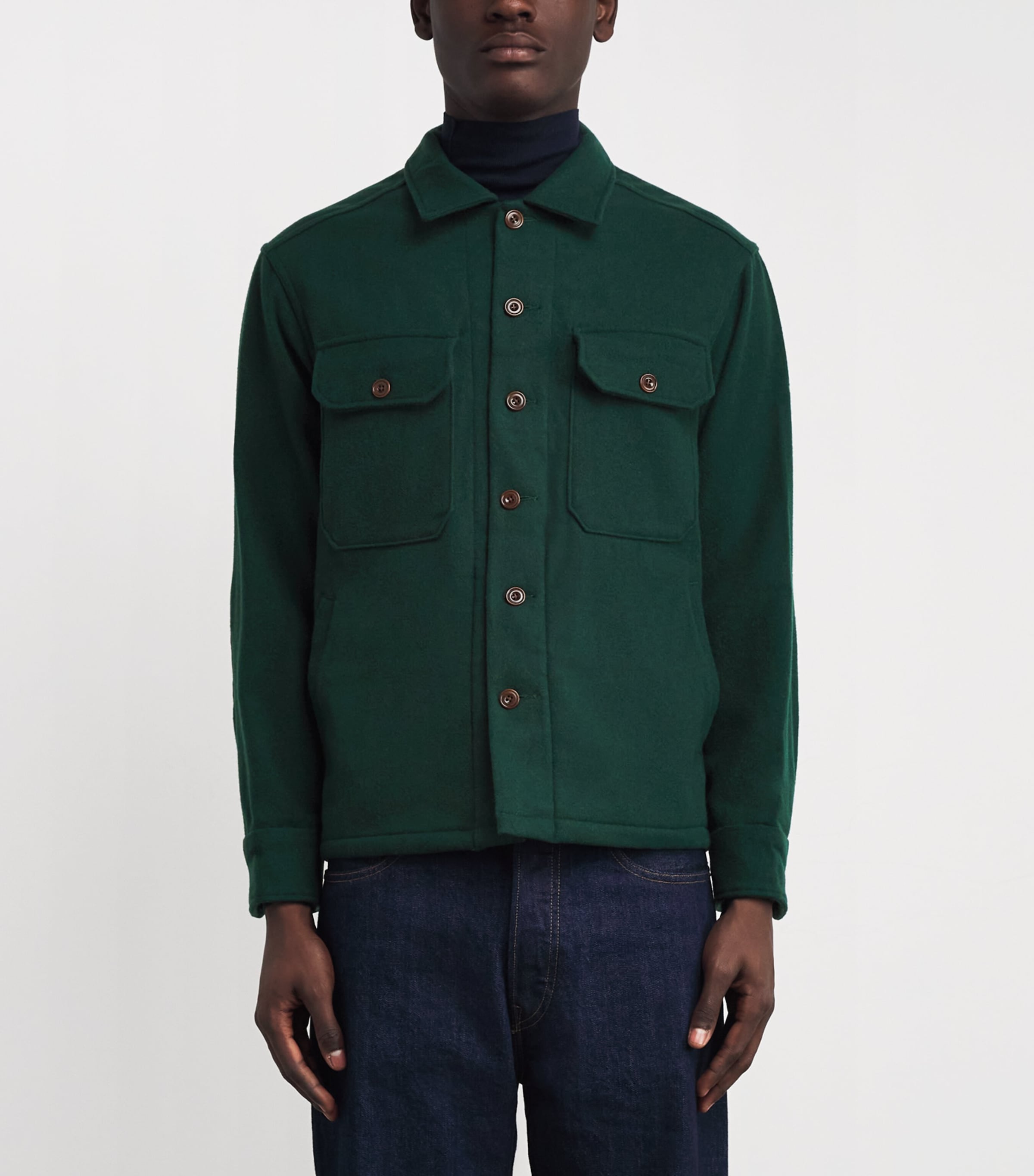 Wool Twill Suede-Patch Overshirt DARK GREEN Image 3