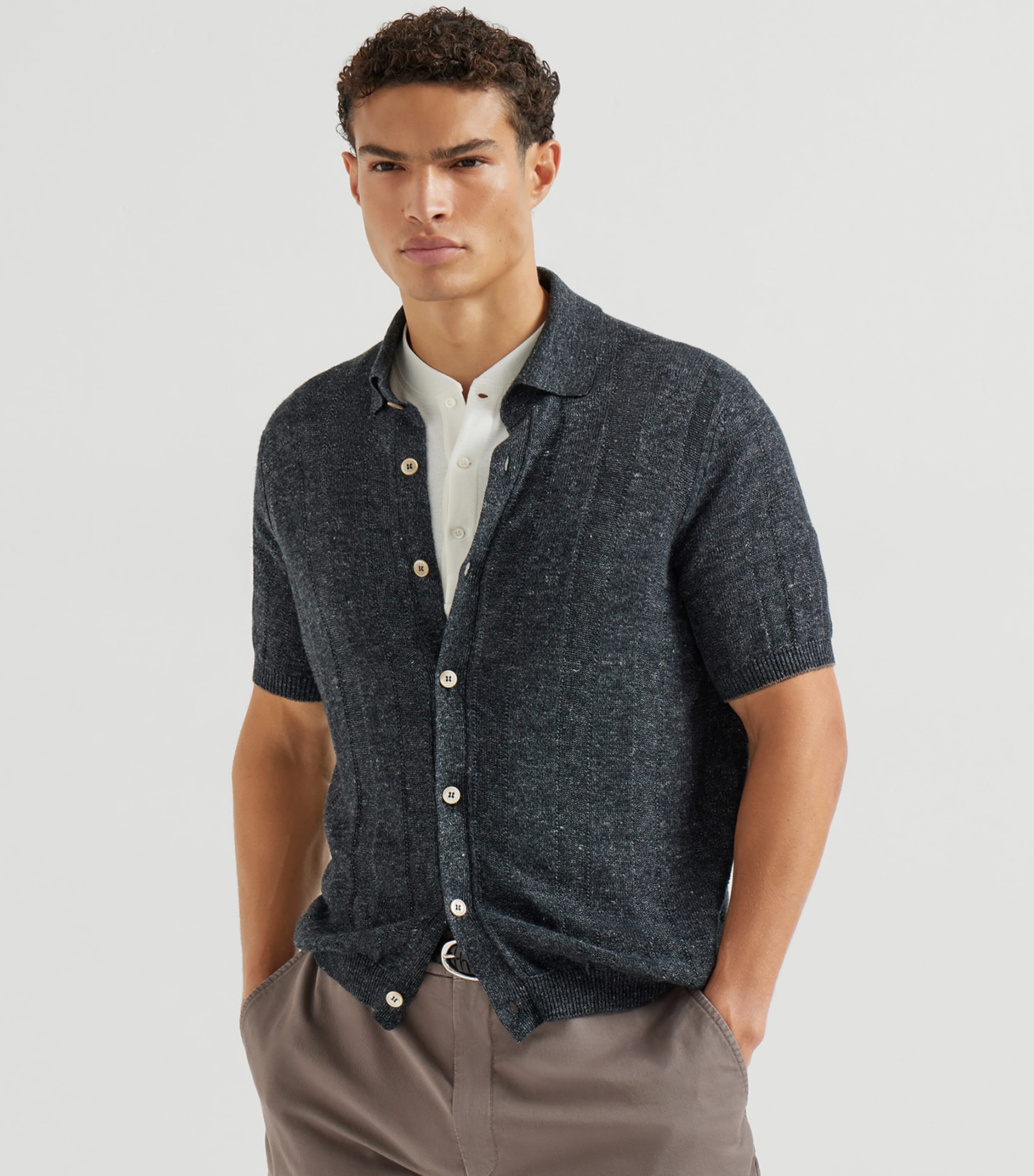 Brunello Cucinelli Mens Linen-Cotton Polo Sweater Image 2