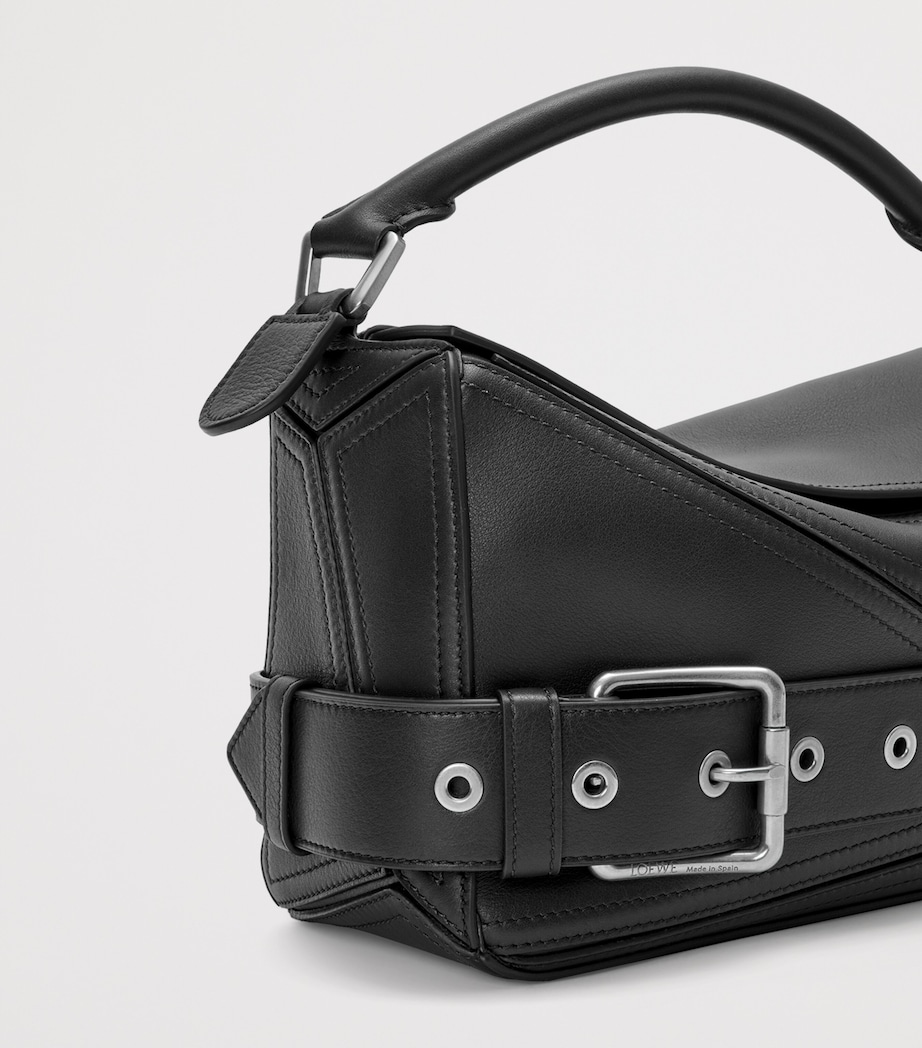 Small Leather Puzzle Biker Top-Handle Bag BLACK Image 11