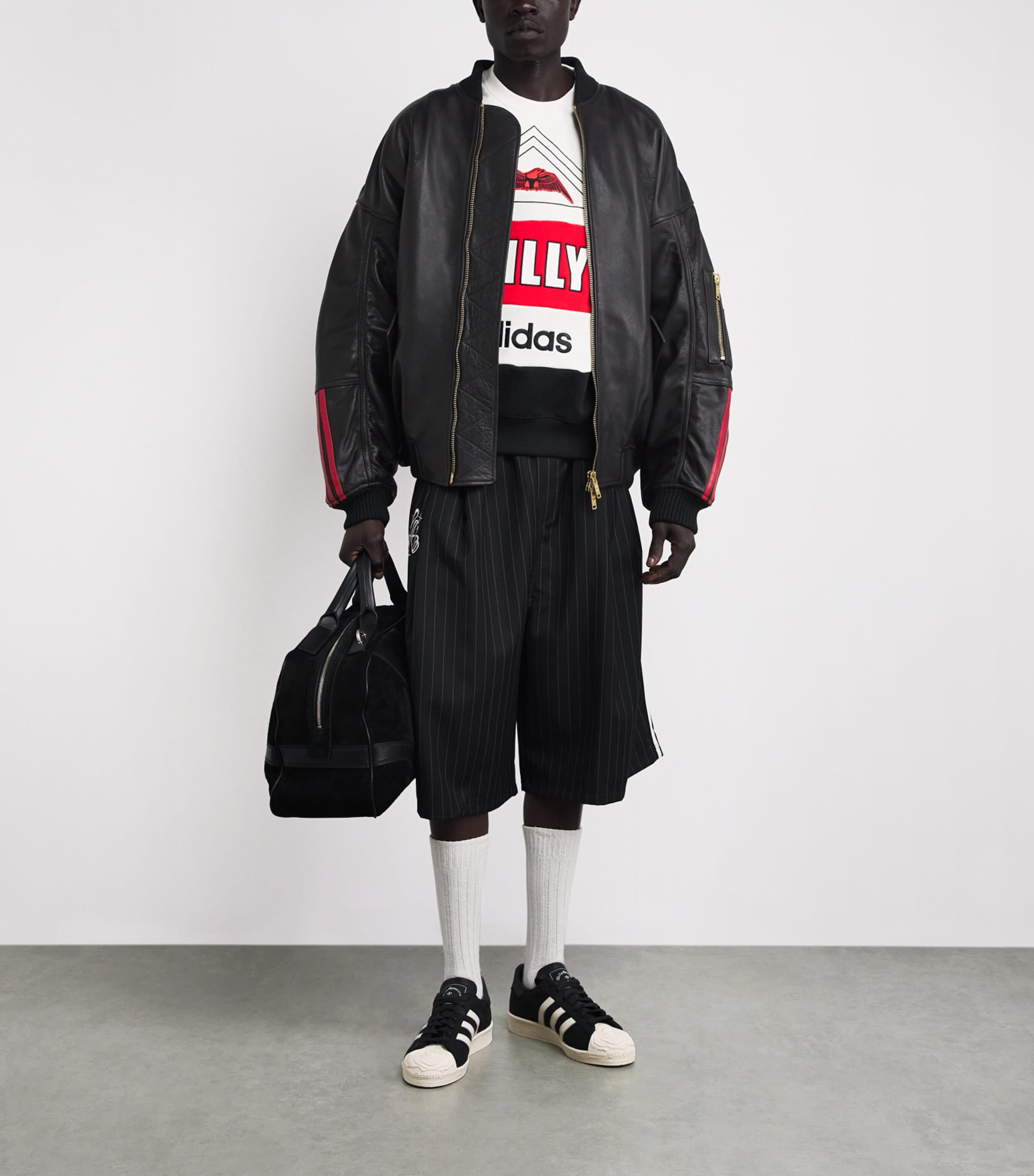 Willy Chavarria Mens x adidas Originals Leather Bomber Jacket Black Image 2