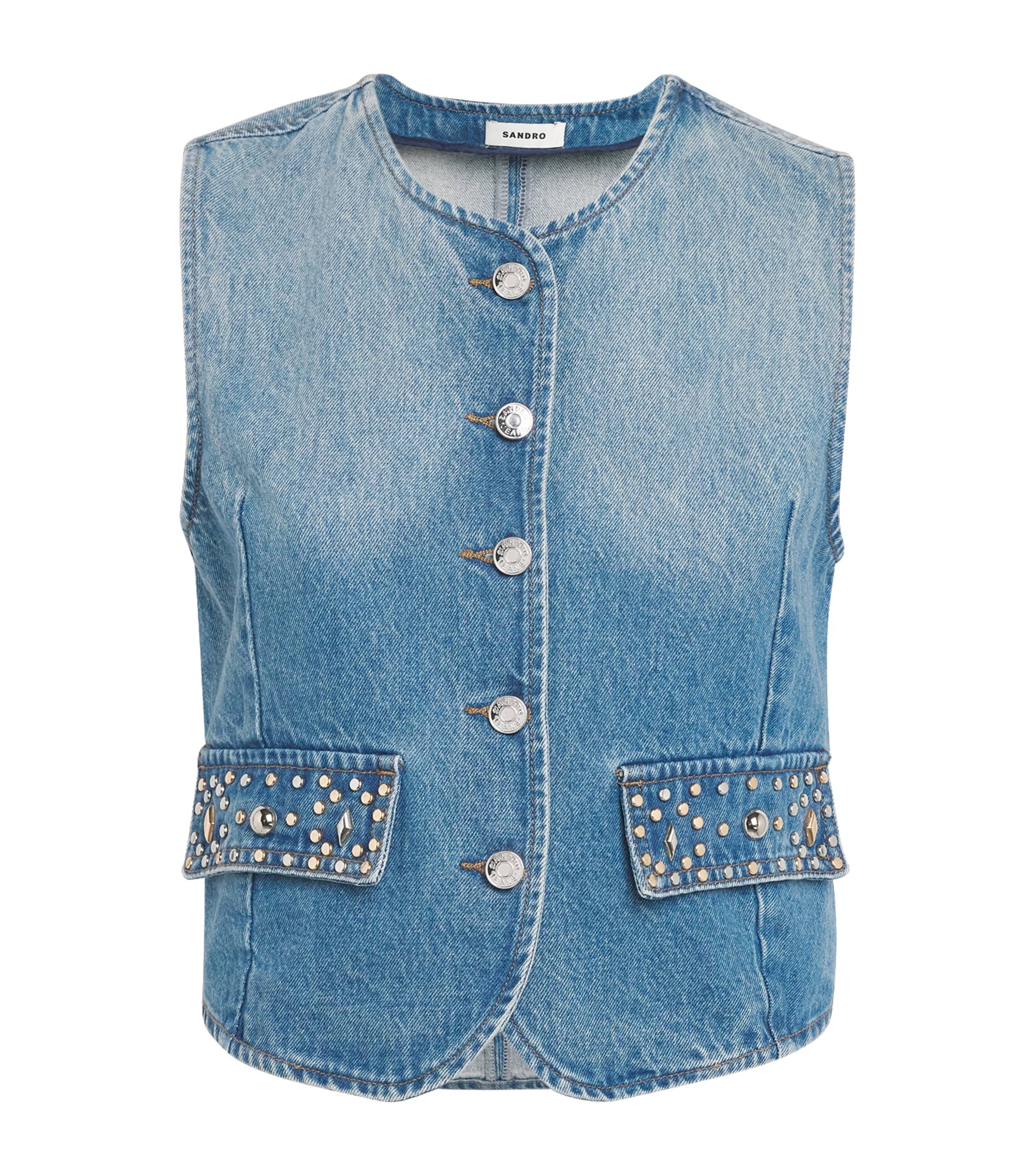 Sandro Paris Womens Embellished Denim Waistcoat Blue Jean Image 1