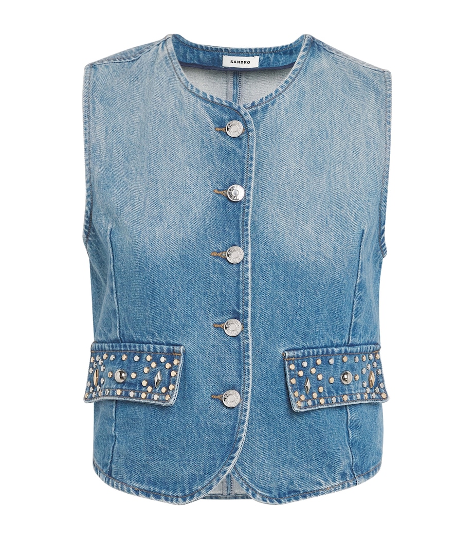 Sandro Paris Womens Embellished Denim Waistcoat Blue Jean Image 1