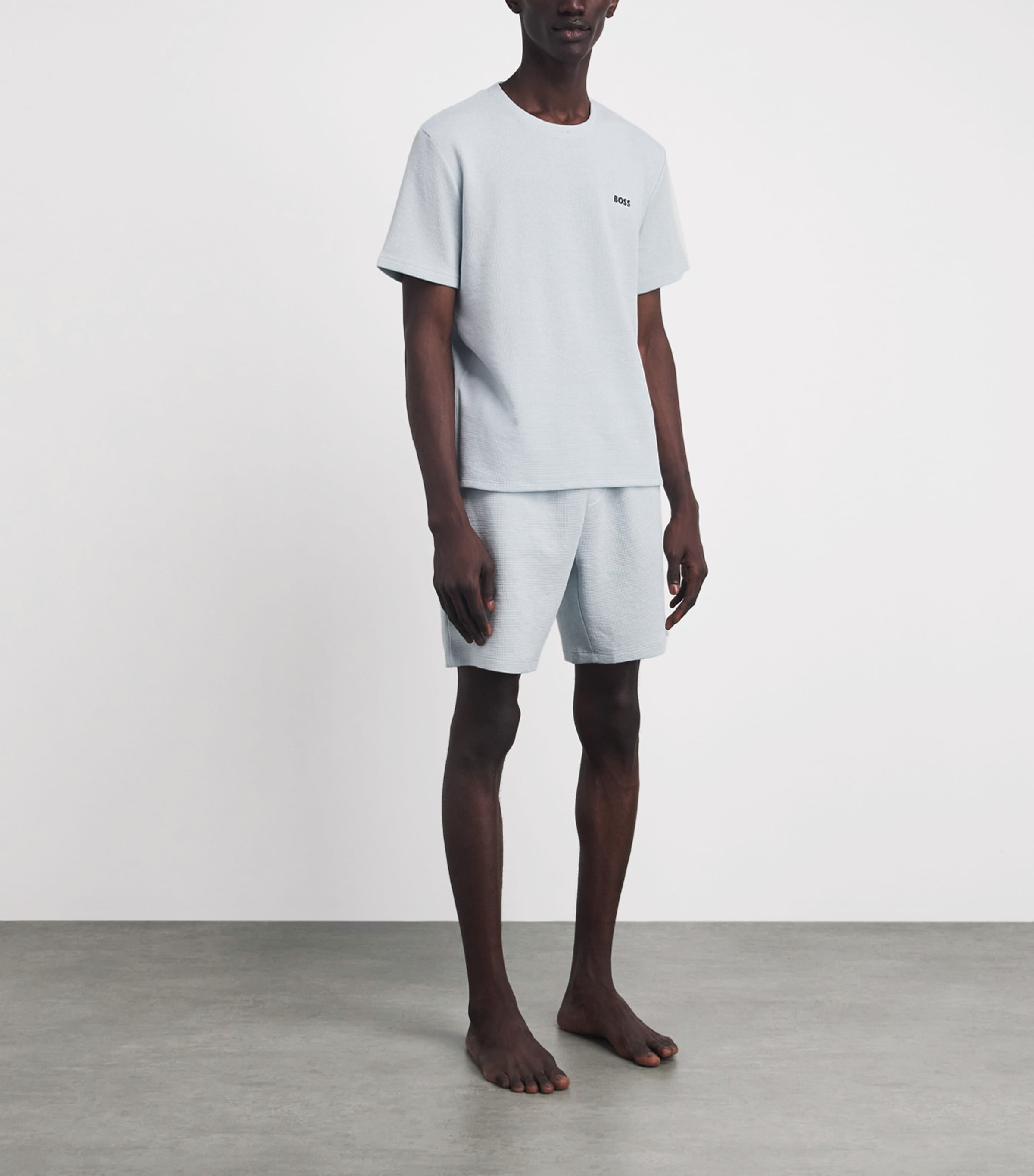 BOSS Mens Waffle-Knit Logo Shorts Open Blue Image 2