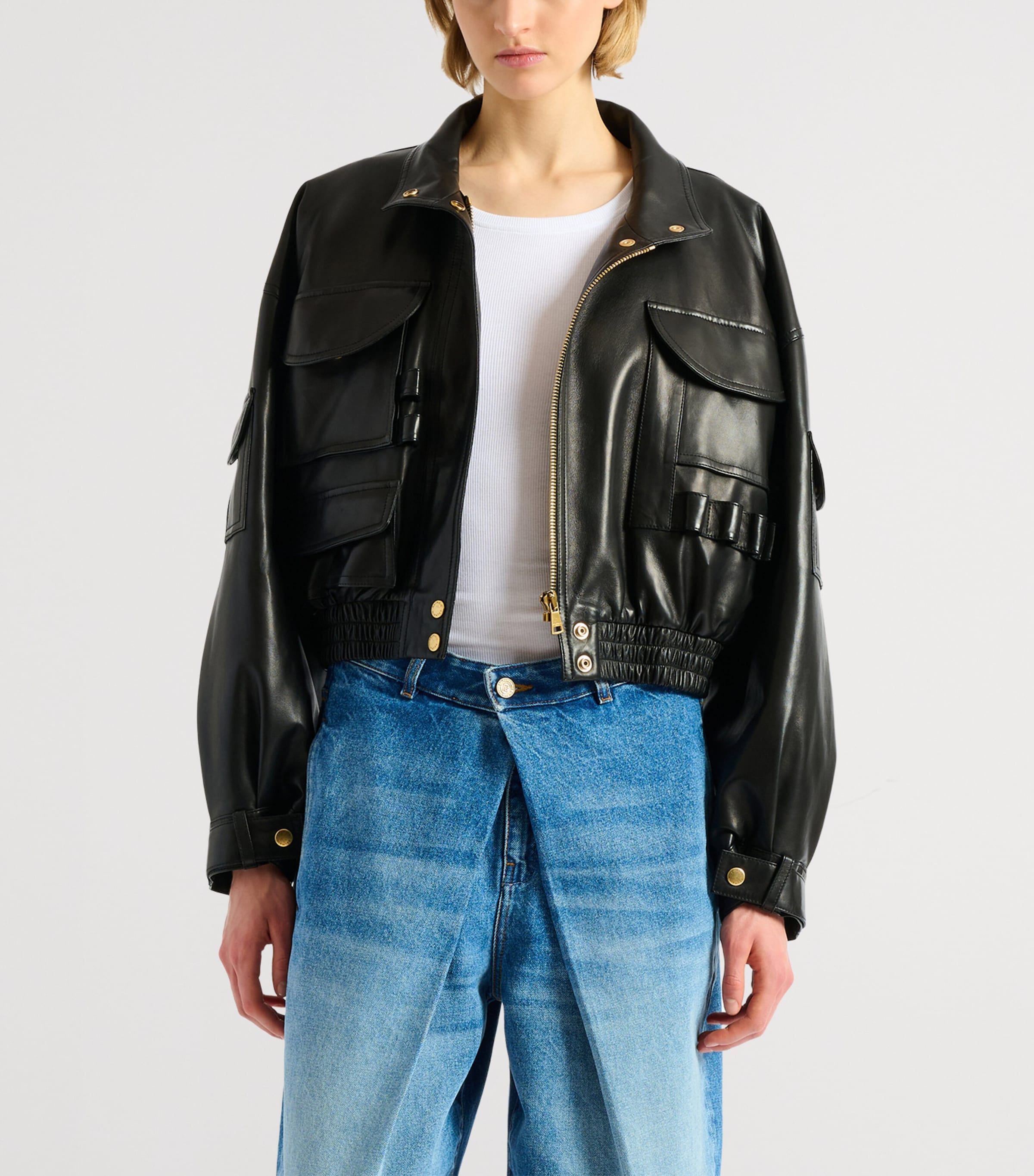 Balmain Womens Lambskin Bomber Jacket Noir Image 4