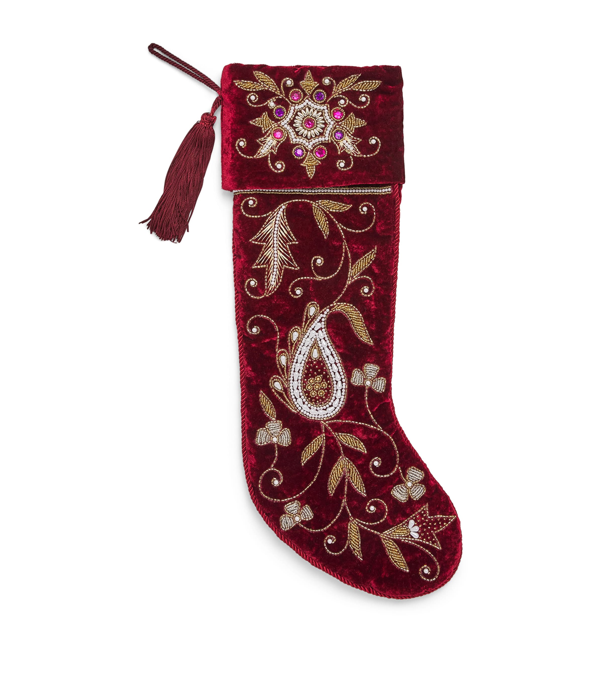 Harrods Velvet Embroidered Paisley Stocking Plum/gold Image 1