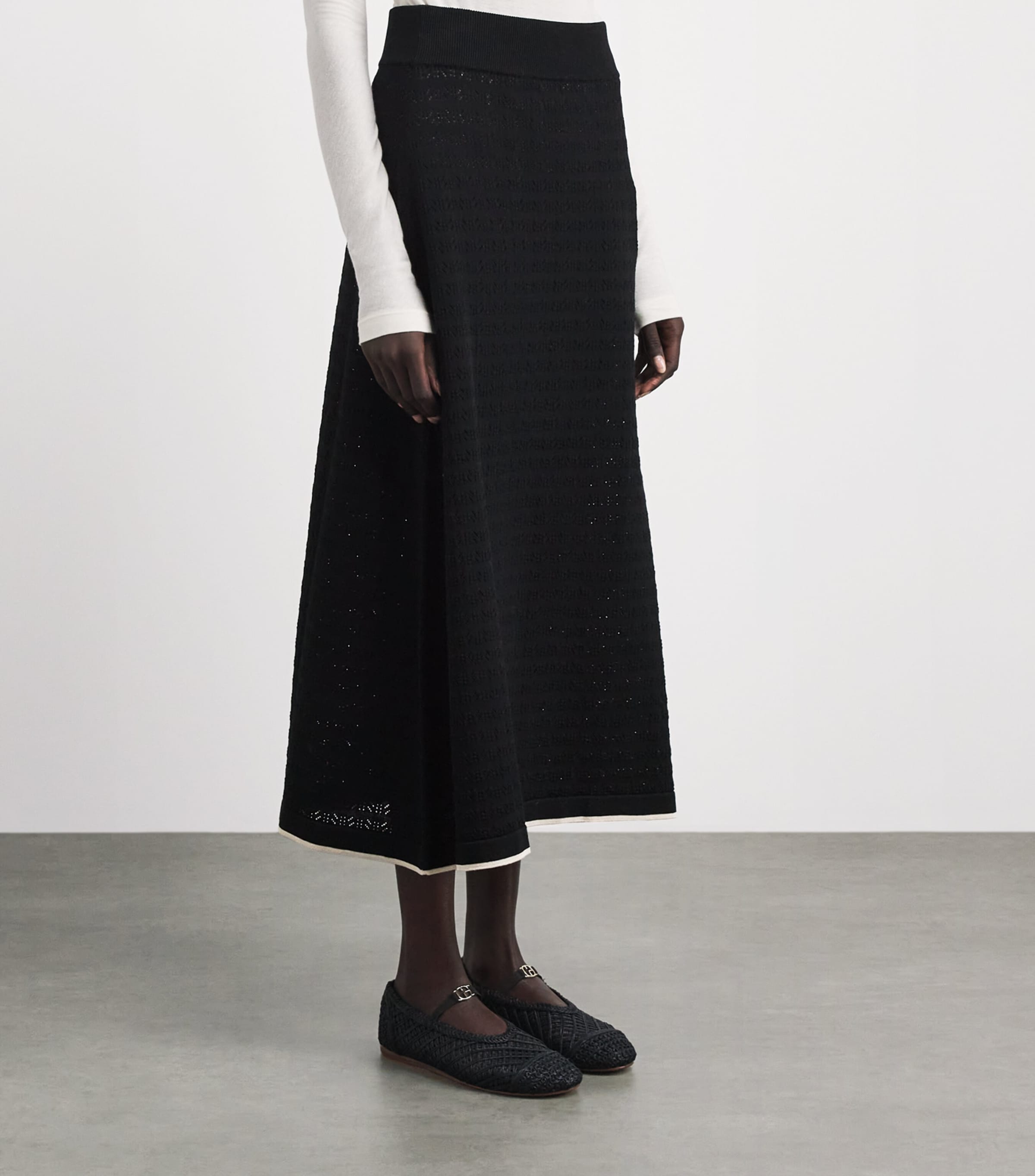 Agnona Womens Cotton Pointelle Midi Skirt Black Image 4