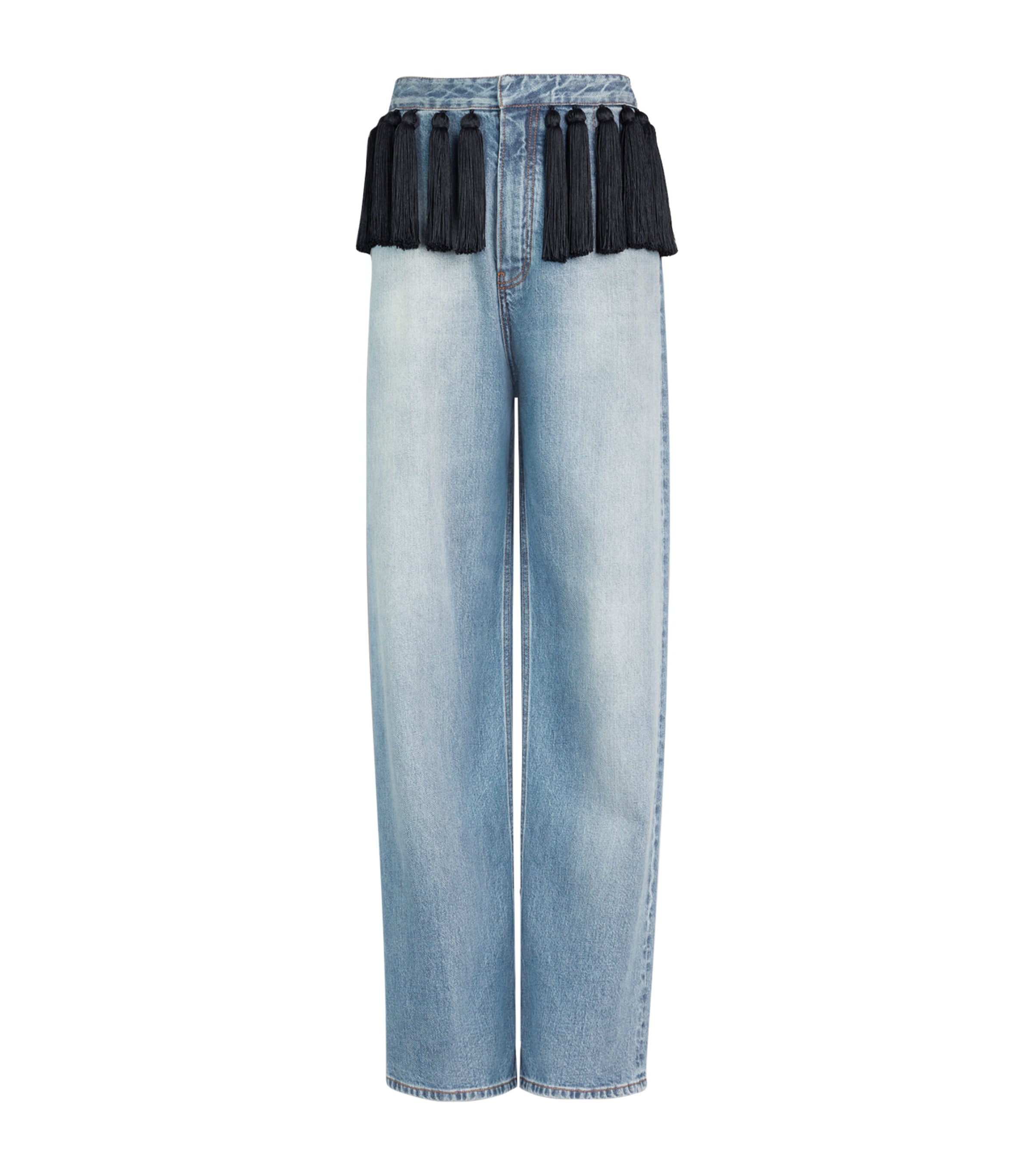 Alaïa Womens Tassel-Trim Straight Jeans Faded Blue Image 1