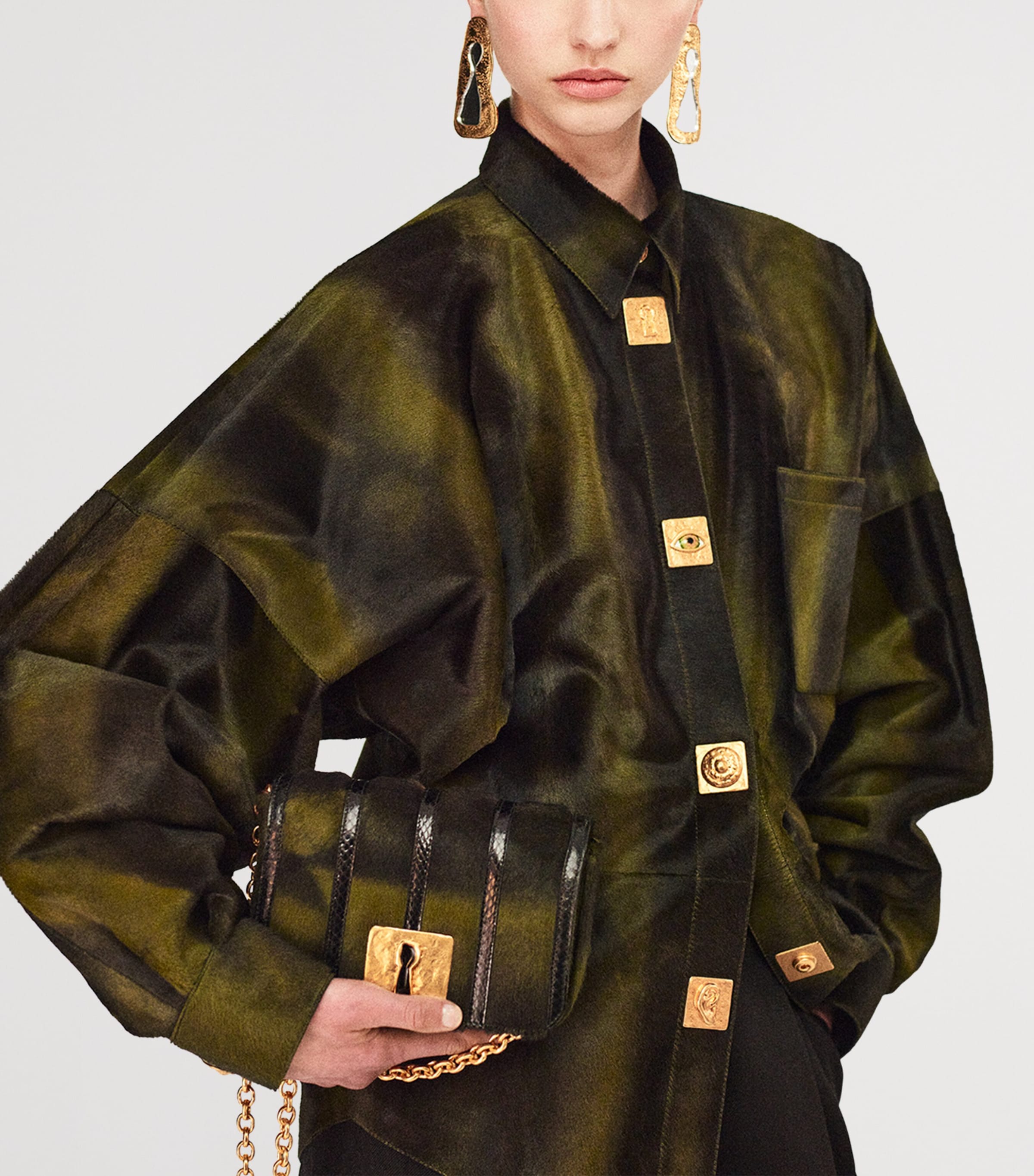 Pony Hair-Snakeskin Schiap Clutch Bag 613 DARK GREEN Image 2